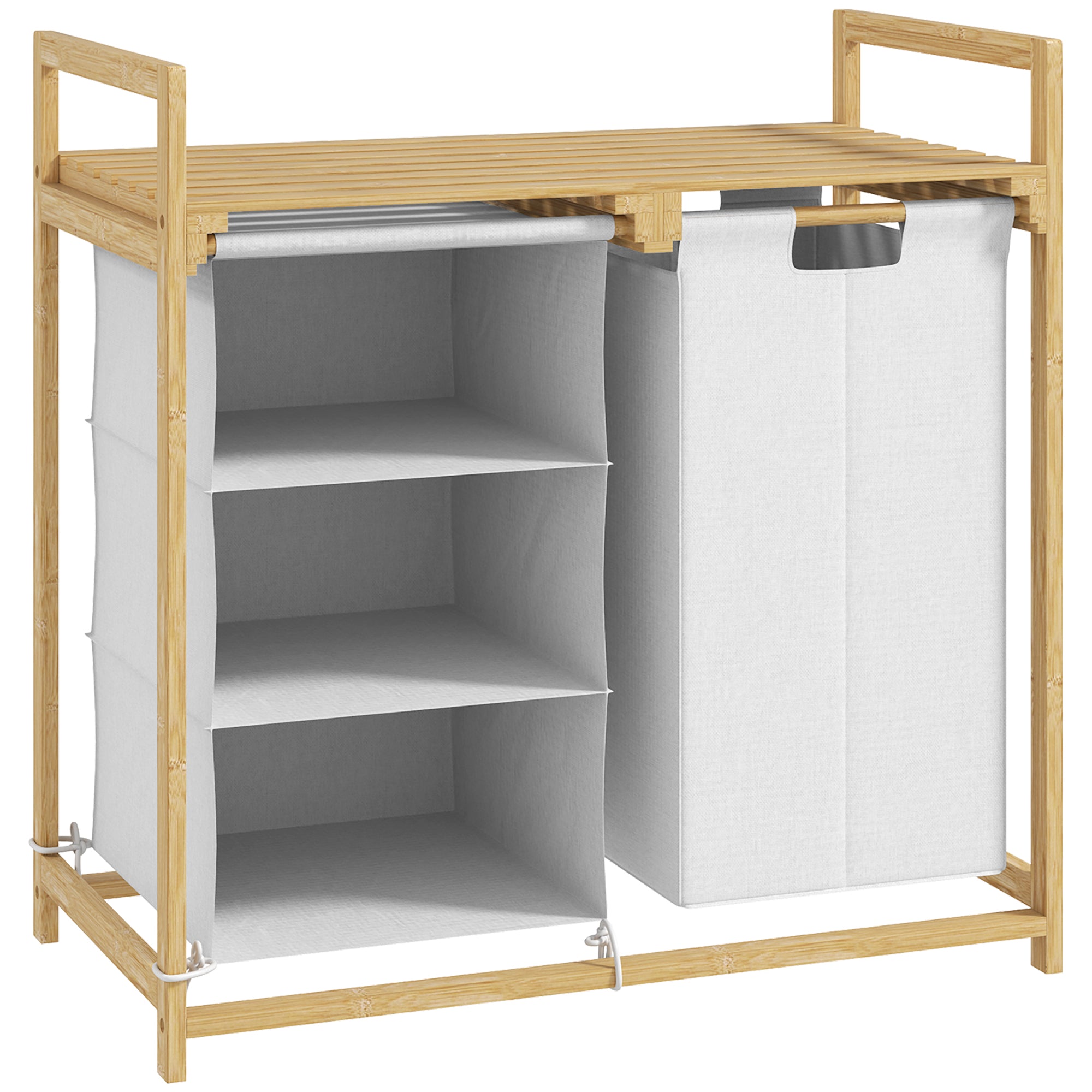 Laundry Basket 4 Compartments Bamboo Laundry Hamper 83L with 2 Extendable & Removable Fabric Bags, Shelf Laundry Box with Handle Laundry Sorter 70 x 36 x 70 cm White