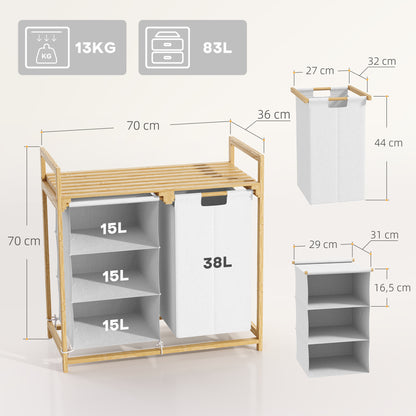 Laundry Basket 4 Compartments Bamboo Laundry Hamper 83L with 2 Extendable & Removable Fabric Bags, Shelf Laundry Box with Handle Laundry Sorter 70 x 36 x 70 cm White