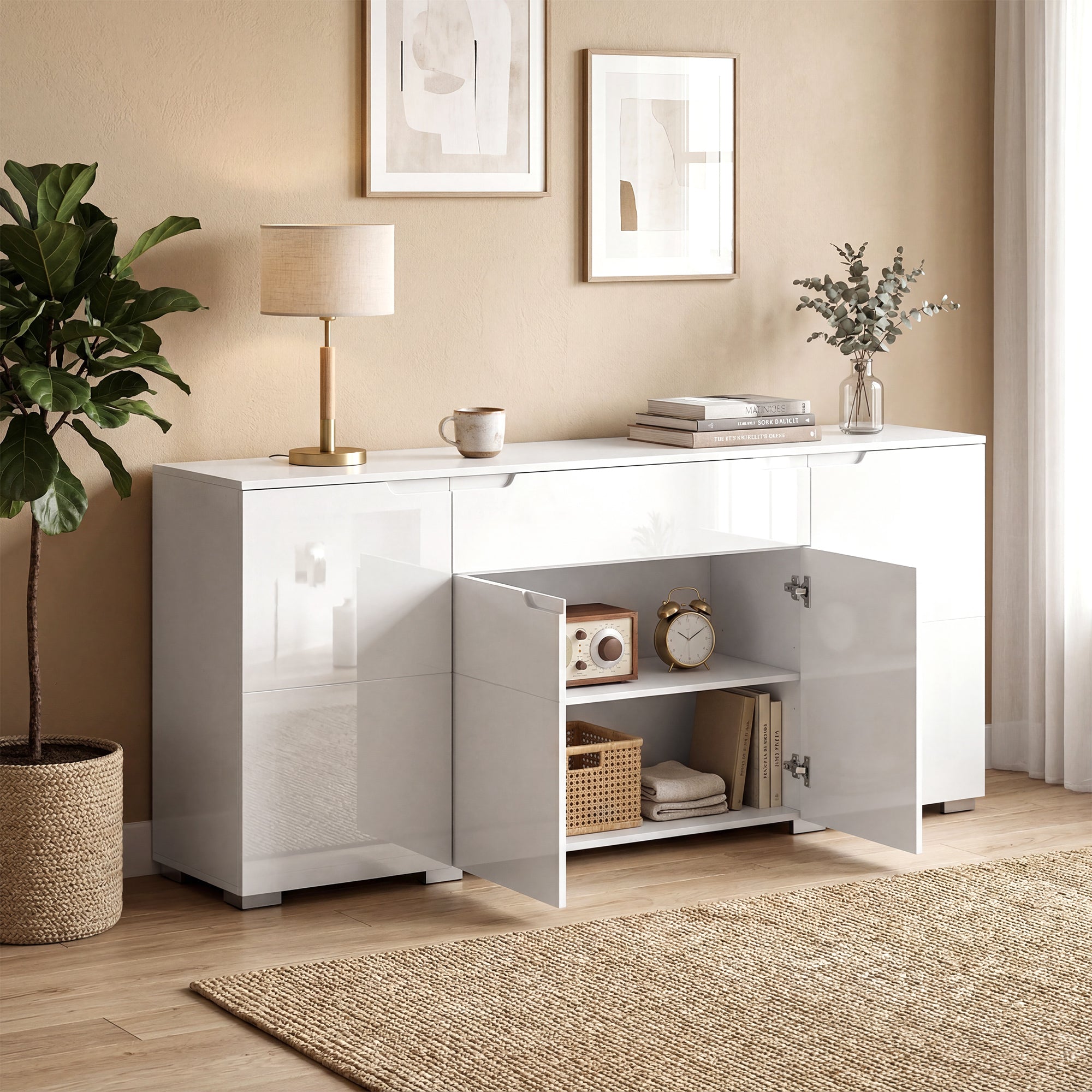 High-Gloss Sideboard — Modern 4-Door Buffet Cabinet with Adjustable Shelves & Soft-Close Doors, White
