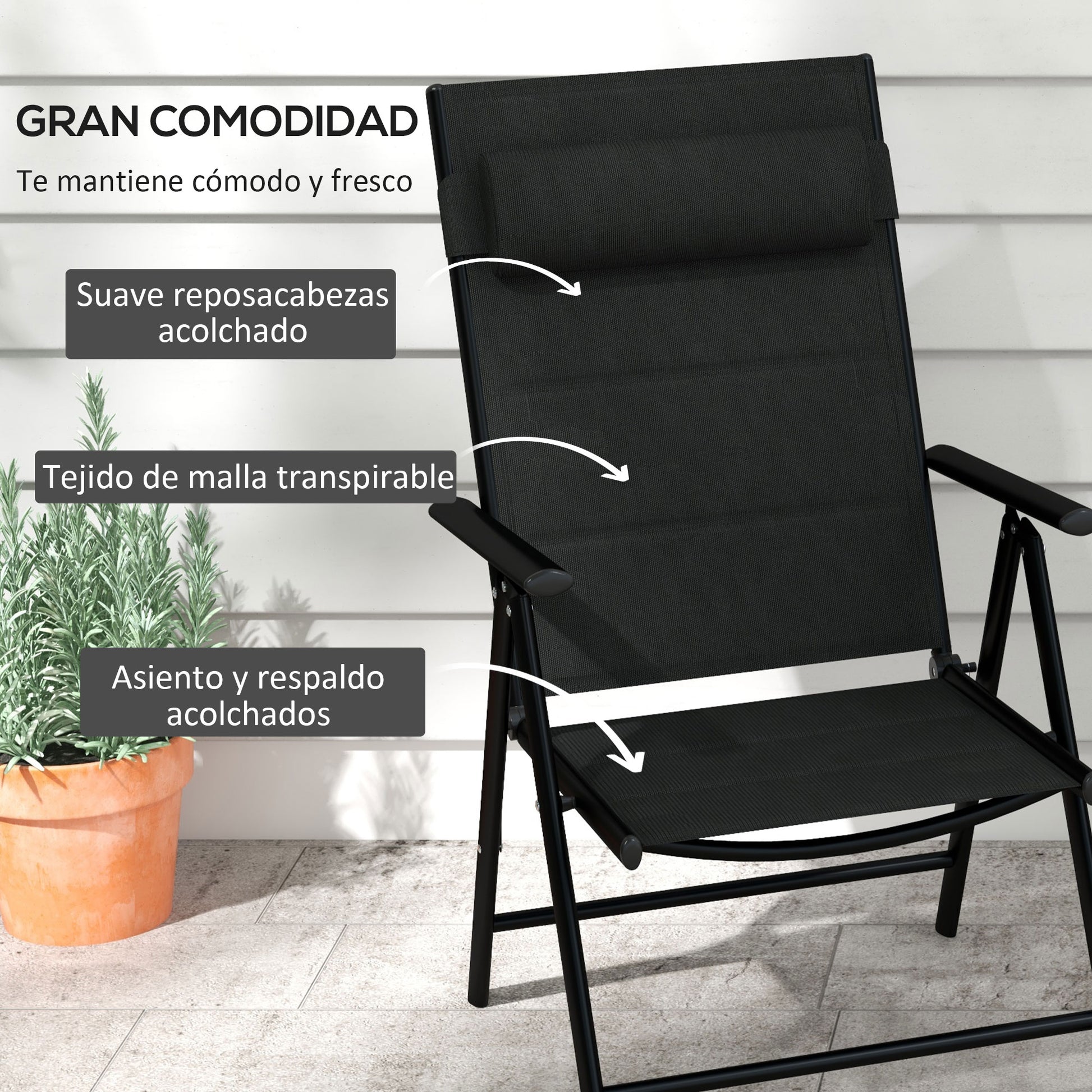 Set of 2 Folding Camping Chairs Garden Chairs with Aluminum Frame Headrest and Armrests 130 kg Capacity for Terrace Beach 54x67x108 cm Black