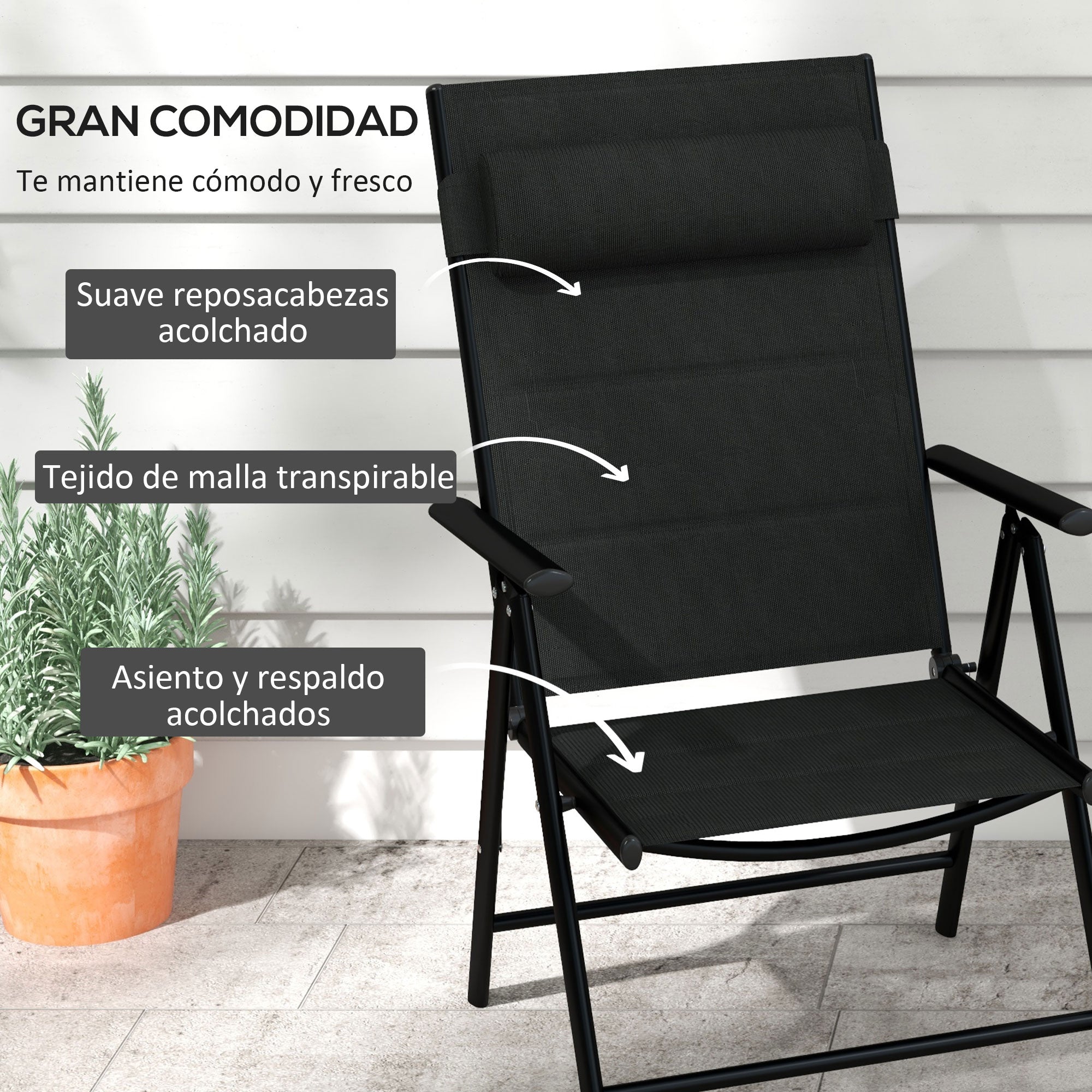 Set of 2 Folding Camping Chairs Garden Chairs with Aluminum Frame Headrest and Armrests 130 kg Capacity for Terrace Beach 54x67x108 cm Black