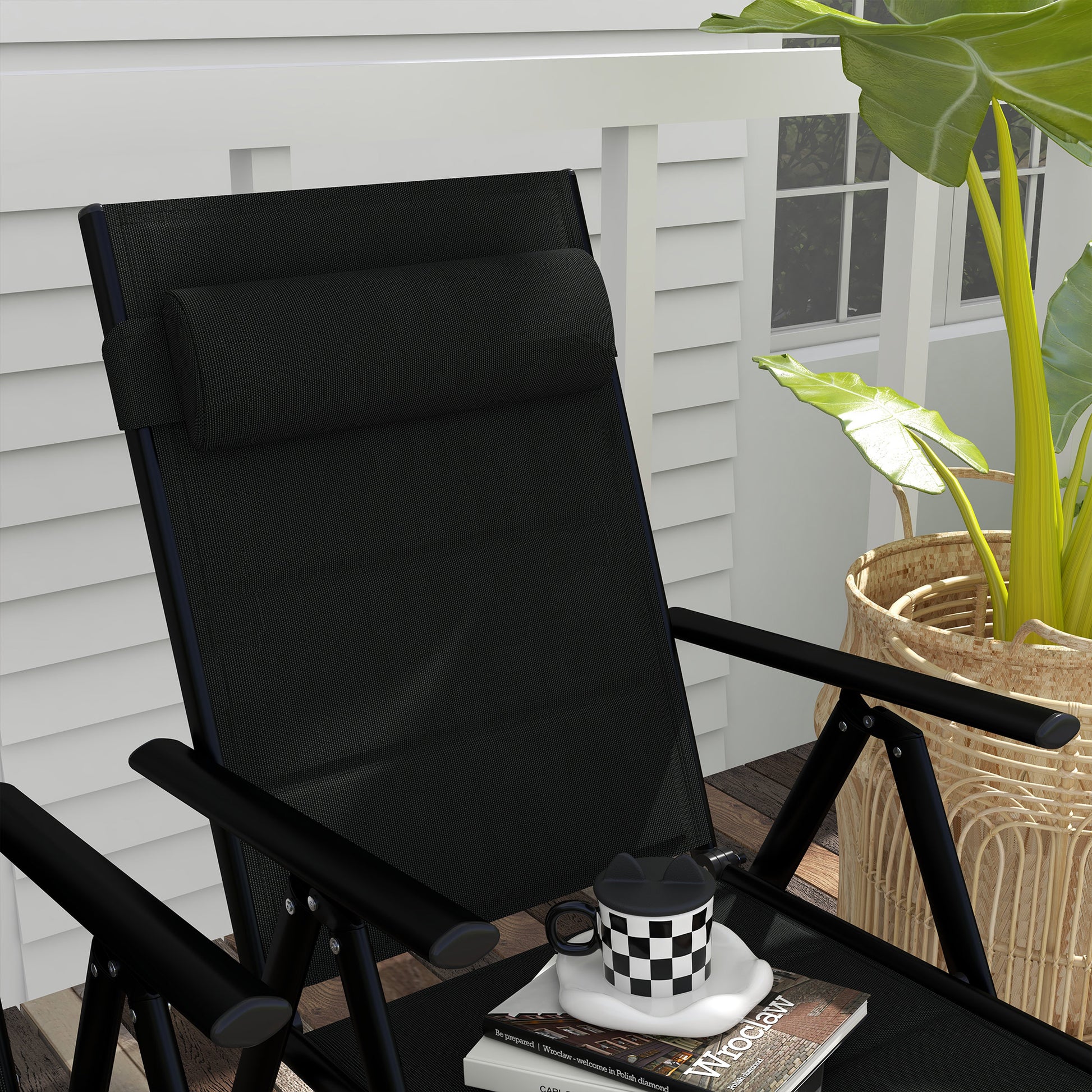 Set of 2 Folding Camping Chairs Garden Chairs with Aluminum Frame Headrest and Armrests 130 kg Capacity for Terrace Beach 54x67x108 cm Black