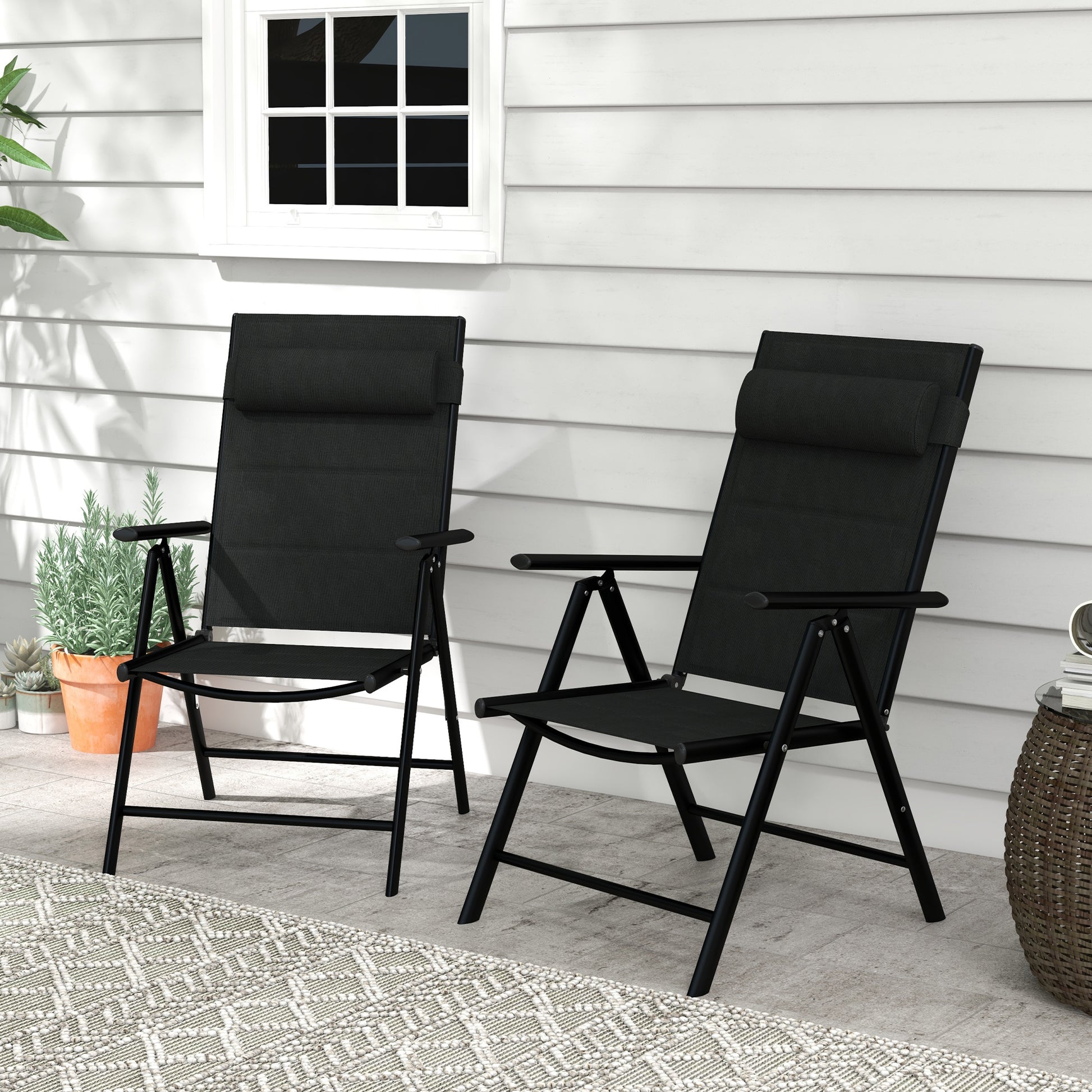 Set of 2 Folding Camping Chairs Garden Chairs with Aluminum Frame Headrest and Armrests 130 kg Capacity for Terrace Beach 54x67x108 cm Black