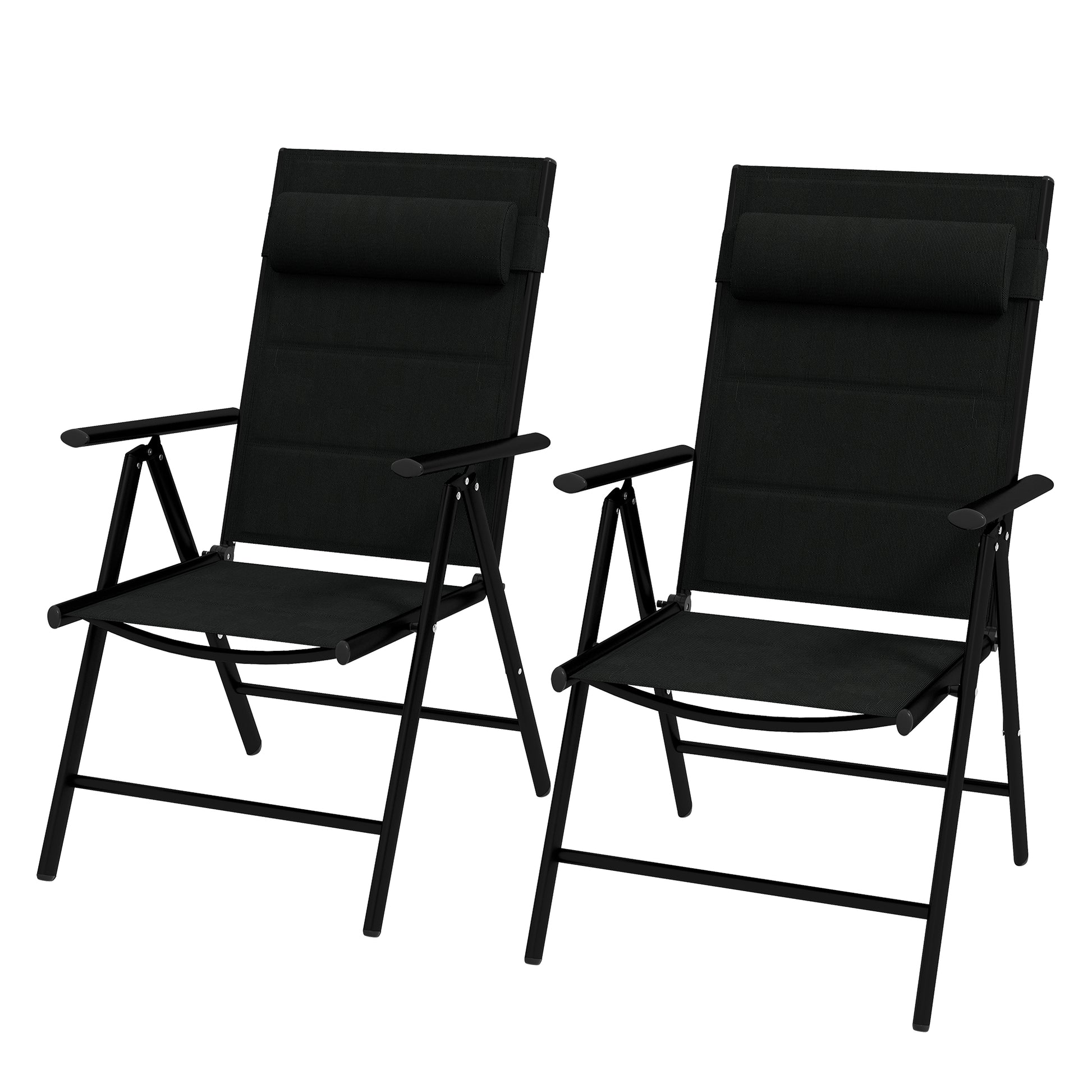 Set of 2 Folding Camping Chairs Garden Chairs with Aluminum Frame Headrest and Armrests 130 kg Capacity for Terrace Beach 54x67x108 cm Black