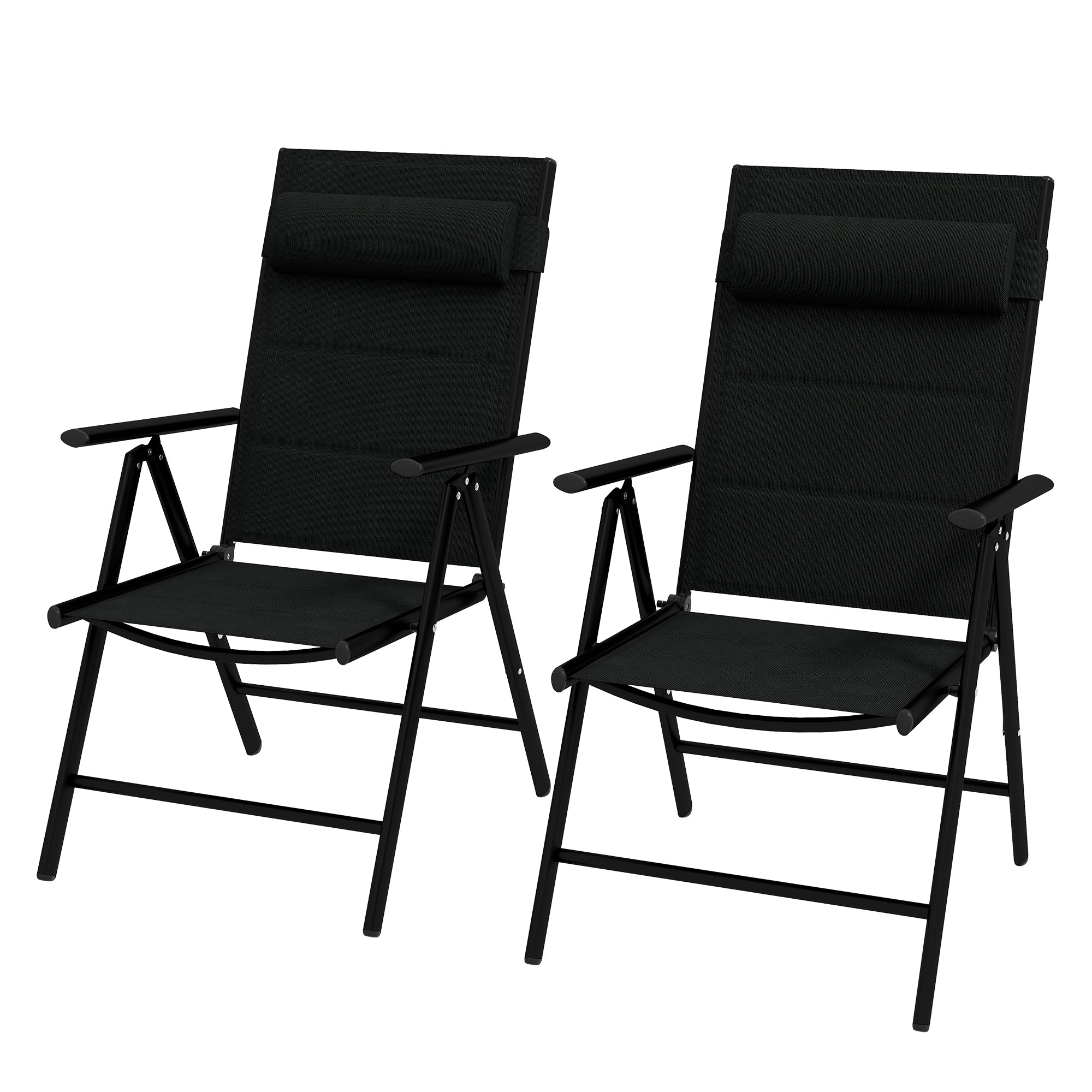 Set of 2 Folding Camping Chairs Garden Chairs with Aluminum Frame Headrest and Armrests 130 kg Capacity for Terrace Beach 54x67x108 cm Black