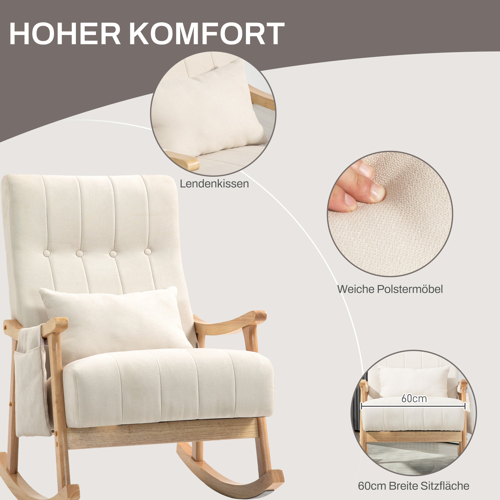 Rocking Chair Rocking Armchair with Backrest, Lumbar Pillow, Wooden Runners, Armchair, Relax Armchair with Linen Look Soft Rocking Armchair Nursing Armchair for Living Room, Bedroom Beige