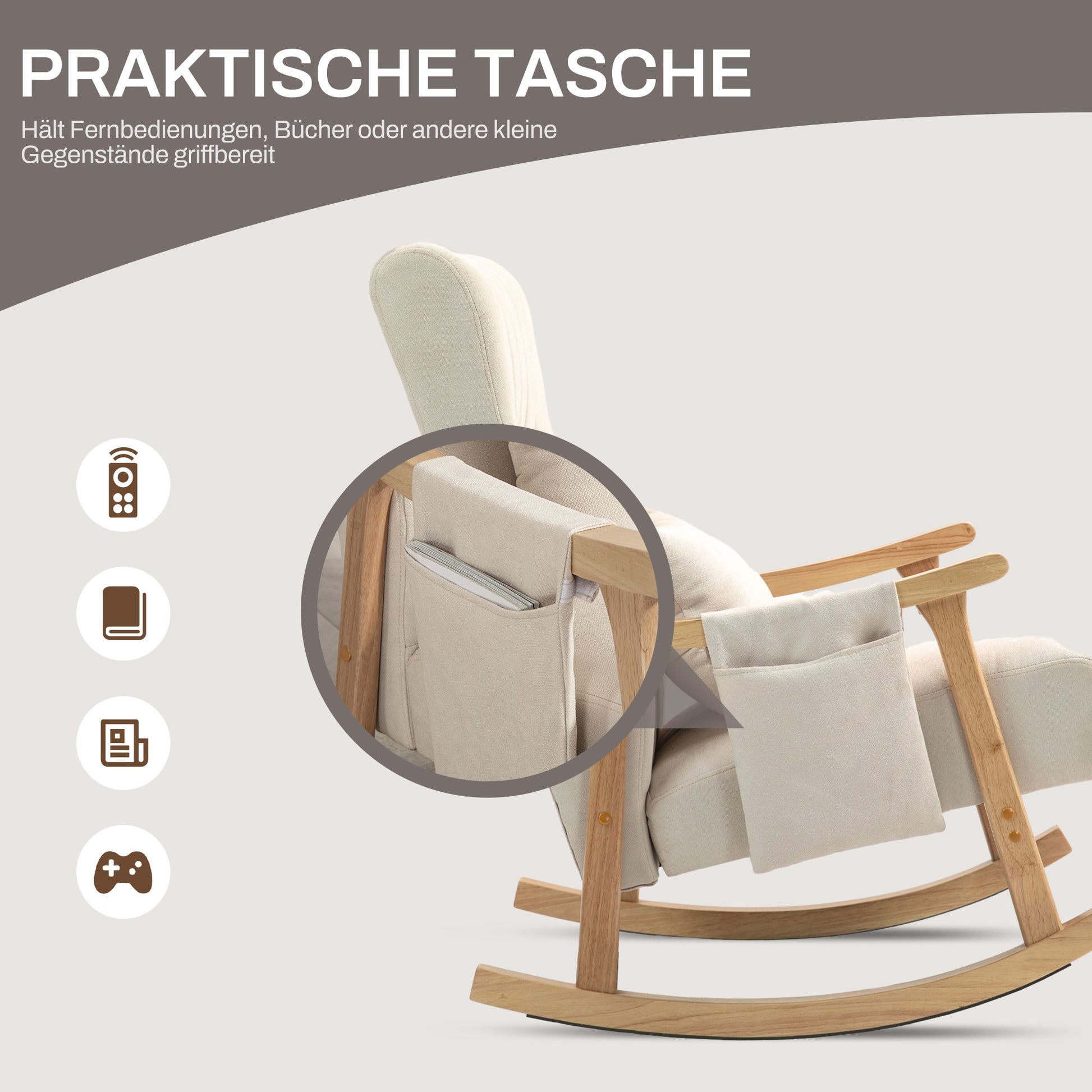 Rocking Chair Rocking Armchair with Backrest, Lumbar Pillow, Wooden Runners, Armchair, Relax Armchair with Linen Look Soft Rocking Armchair Nursing Armchair for Living Room, Bedroom Beige