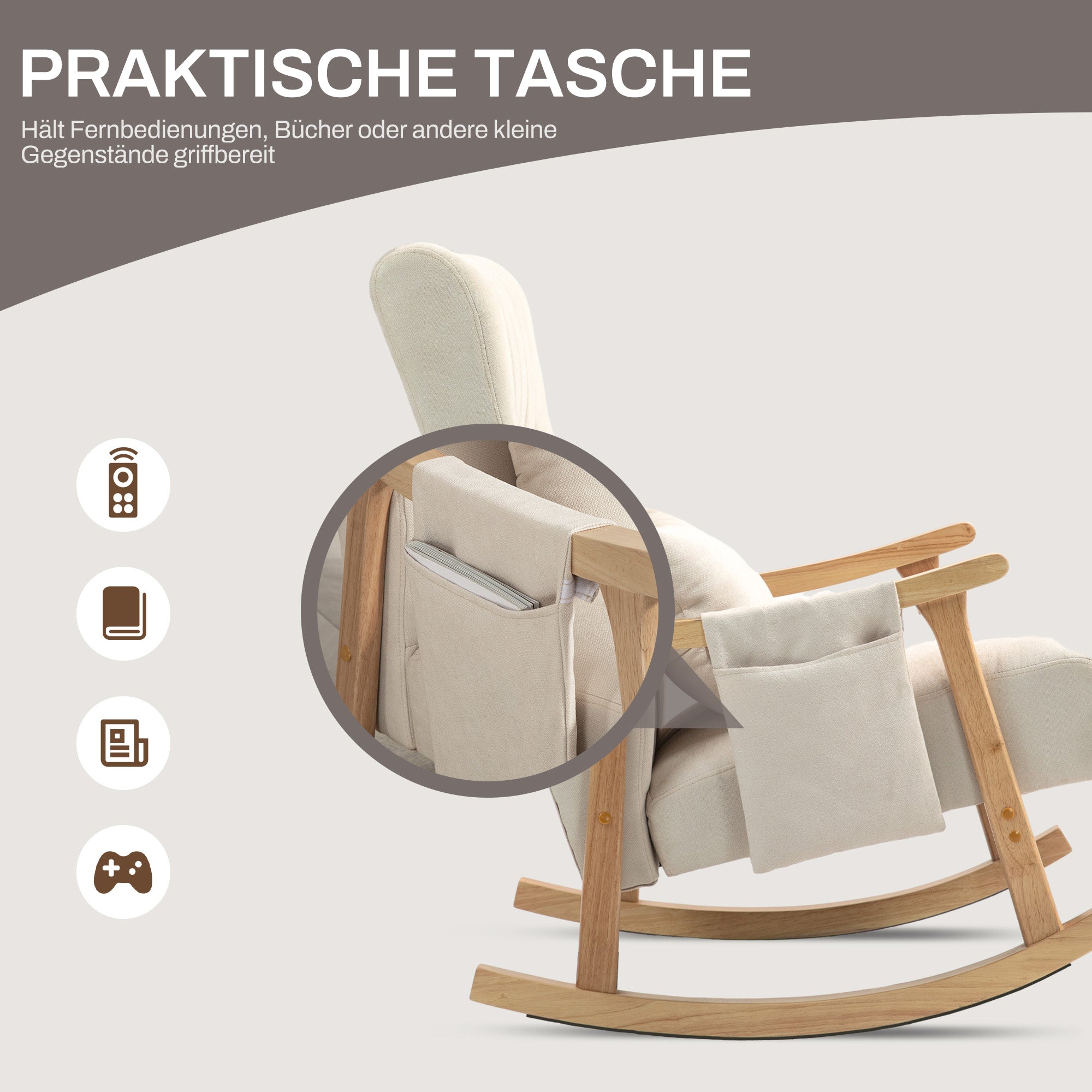 Rocking Chair Rocking Armchair with Backrest, Lumbar Pillow, Wooden Runners, Armchair, Relax Armchair with Linen Look Soft Rocking Armchair Nursing Armchair for Living Room, Bedroom Beige
