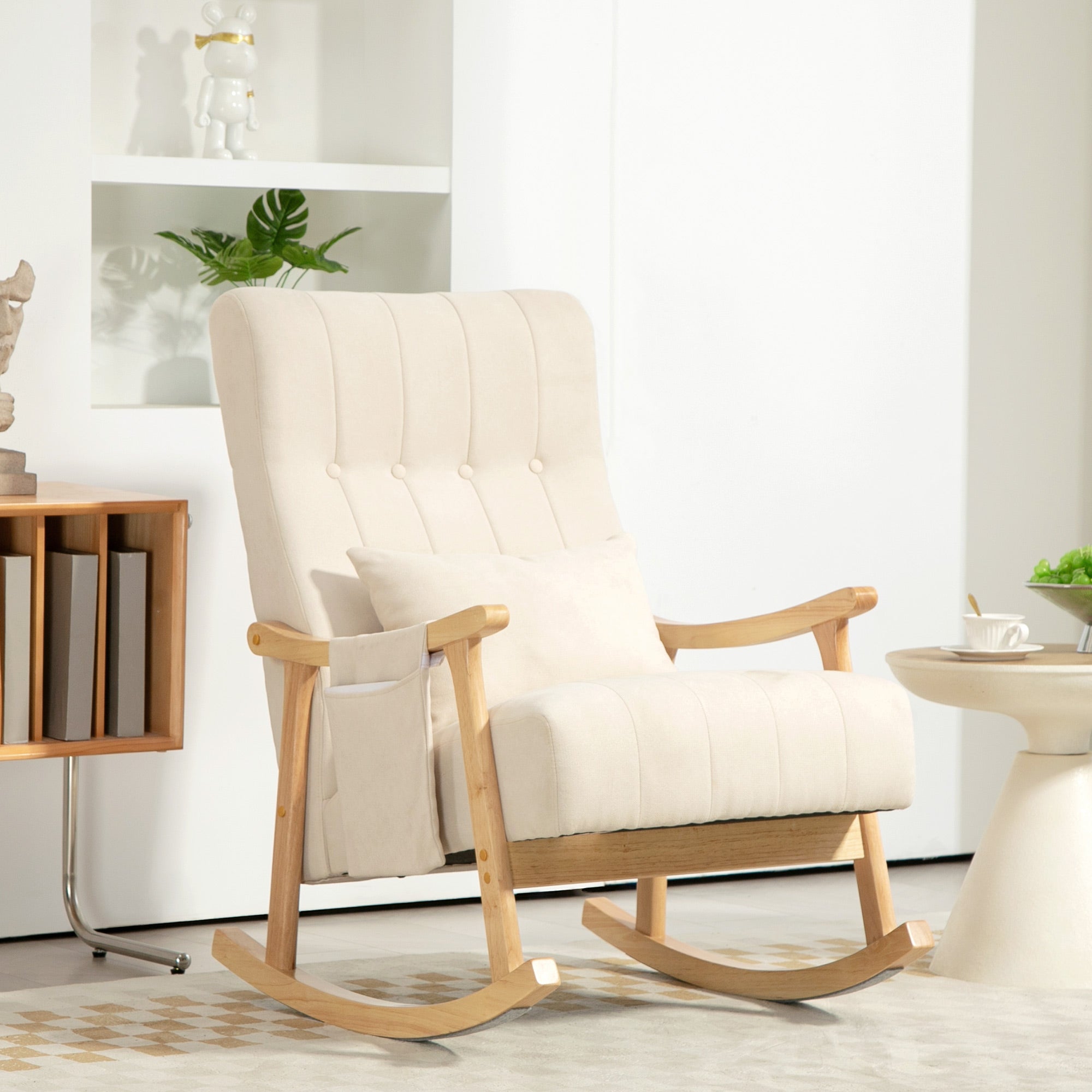 Rocking Chair Rocking Armchair with Backrest, Lumbar Pillow, Wooden Runners, Armchair, Relax Armchair with Linen Look Soft Rocking Armchair Nursing Armchair for Living Room, Bedroom Beige