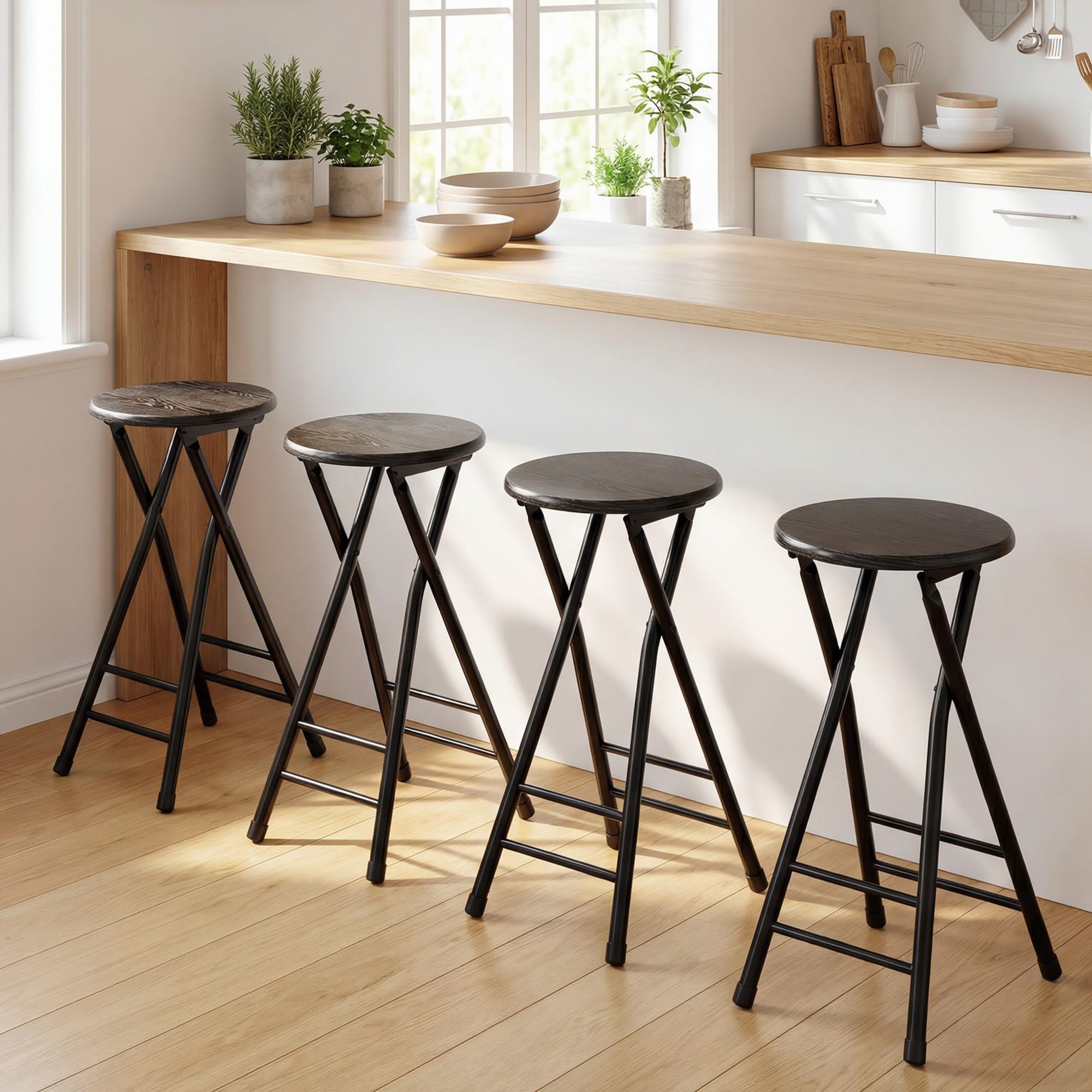 Set of 2 Folding Bar Stools, Round High Kitchen Counter Stools with Dual Footrests, Wood & Steel Frame, Black