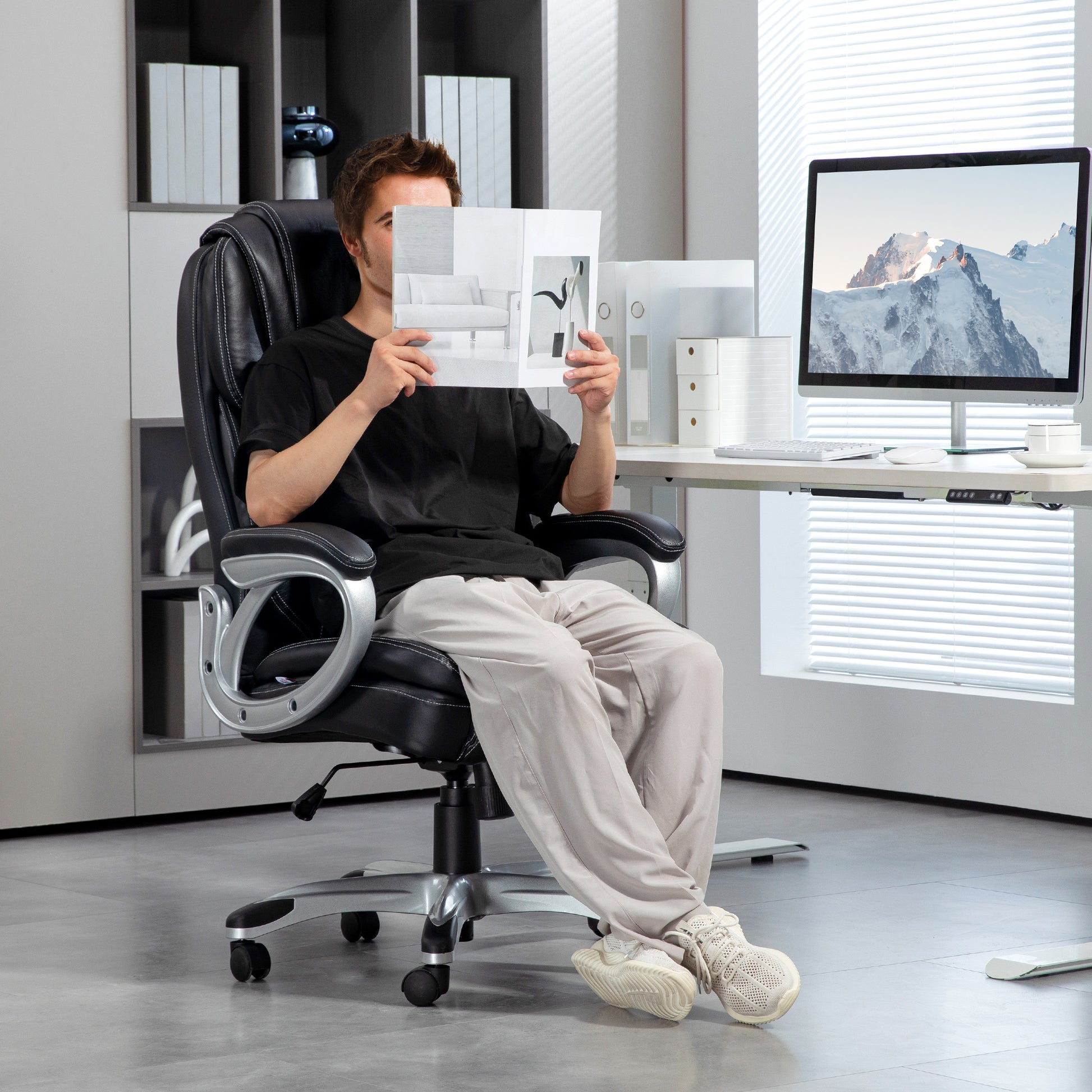 Office Chair, Computer Chair, with Tilt Function, High Backrest, 360° Swivel Wheels, Adjustable Height, Black