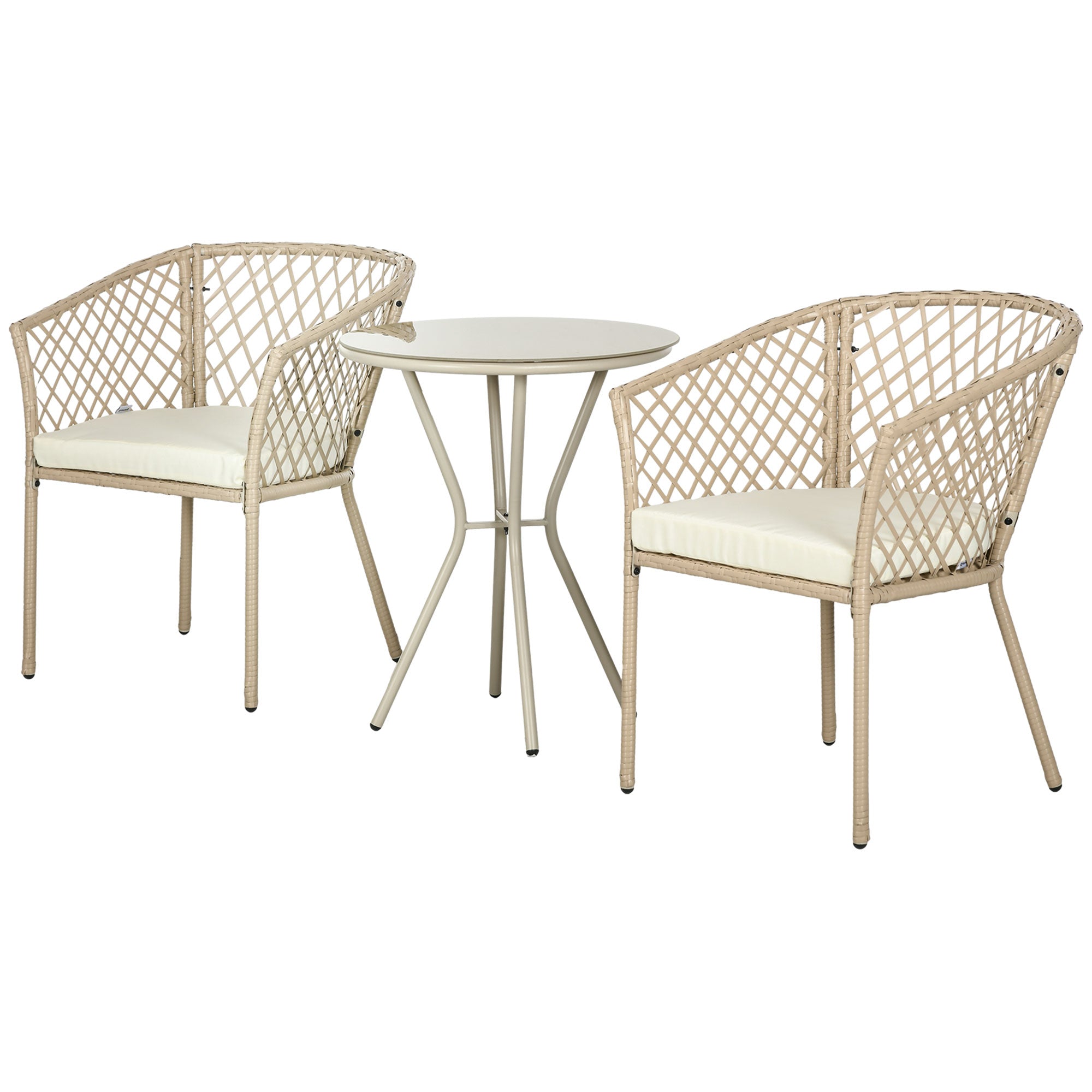 3-Piece Patio Furniture Set Garden Table and 2 Chairs Rattan Furniture Set with Removable Cushions for Outdoor Terrace Lawn Balcony Khaki