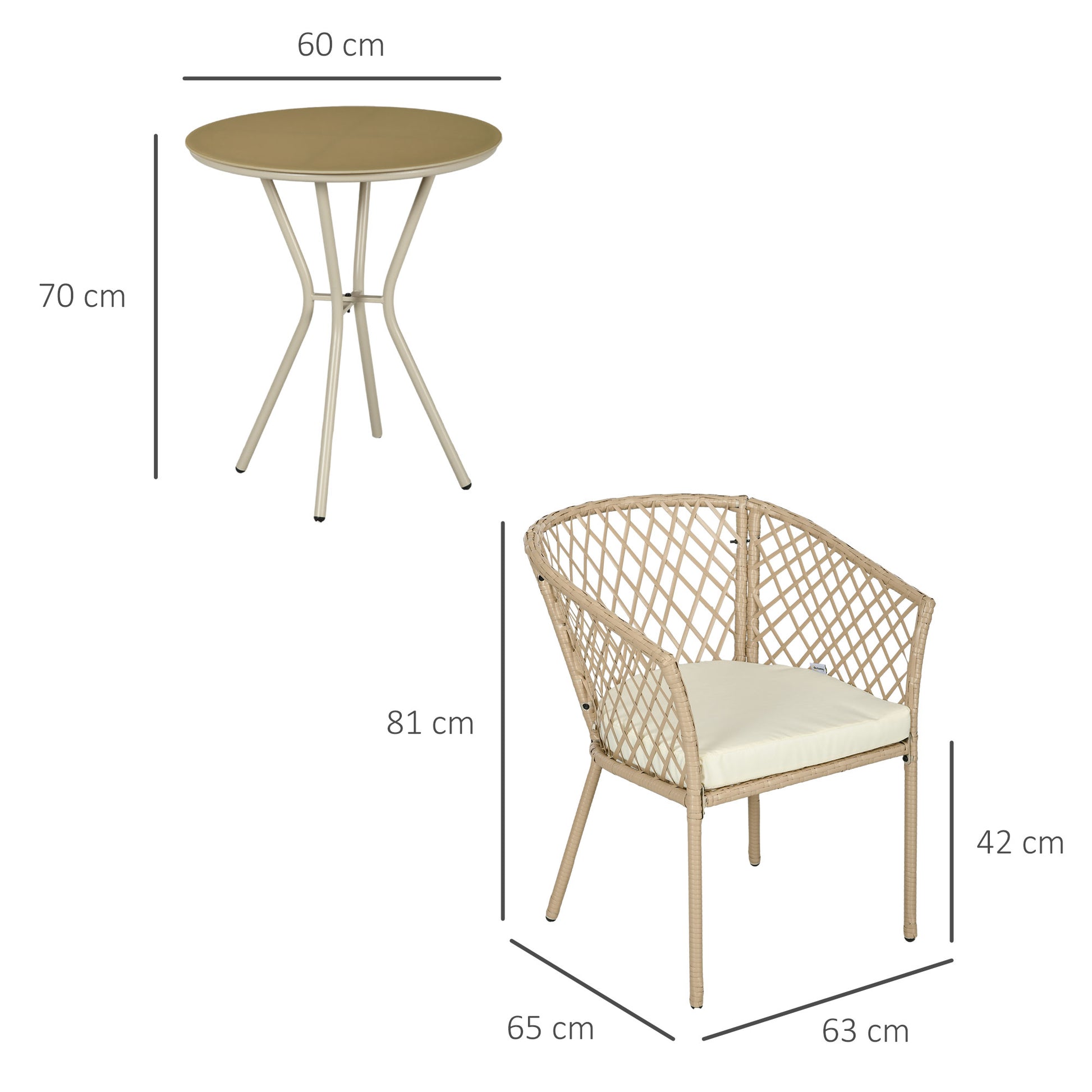 3-Piece Patio Furniture Set Garden Table and 2 Chairs Rattan Furniture Set with Removable Cushions for Outdoor Terrace Lawn Balcony Khaki