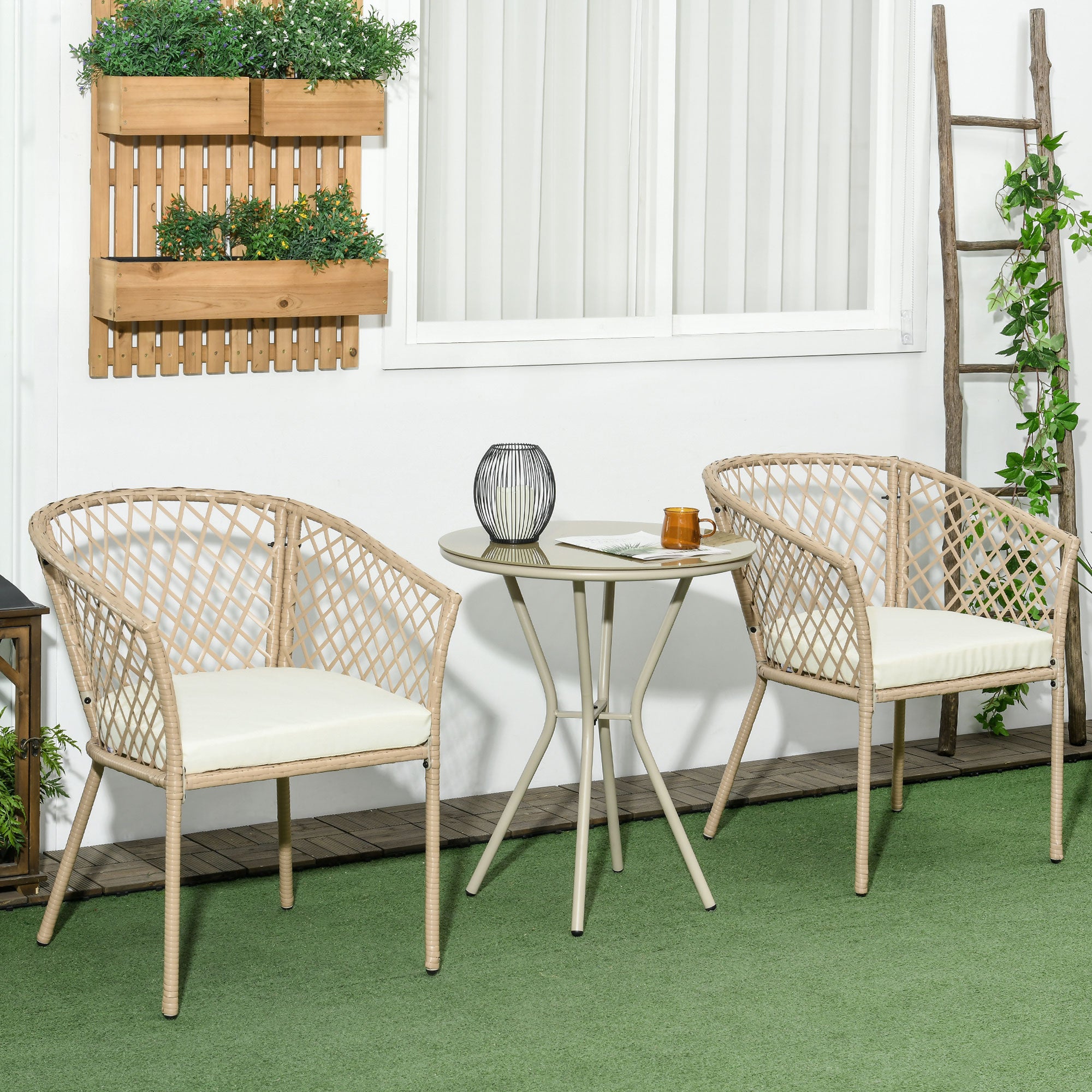 3-Piece Patio Furniture Set Garden Table and 2 Chairs Rattan Furniture Set with Removable Cushions for Outdoor Terrace Lawn Balcony Khaki