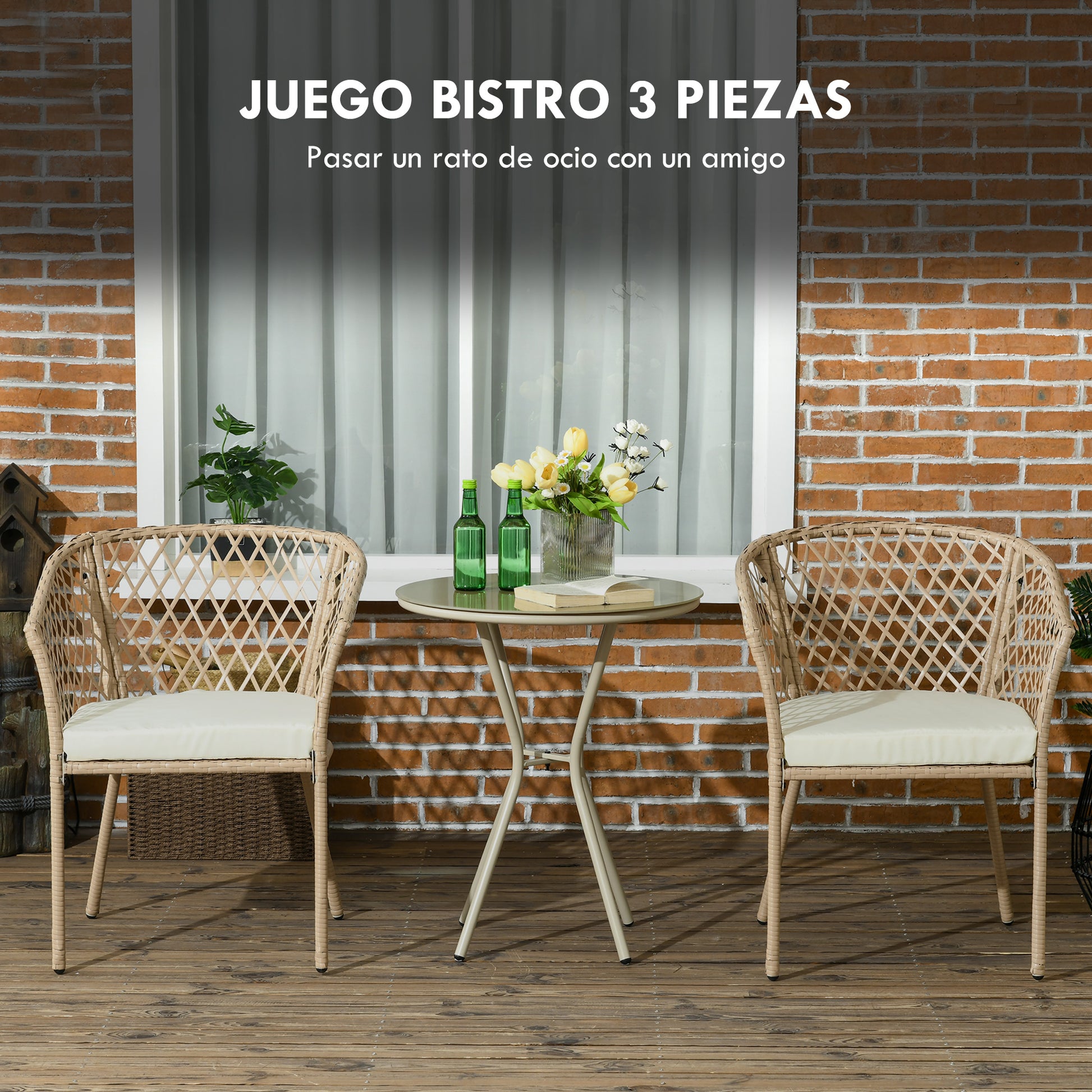 3-Piece Patio Furniture Set Garden Table and 2 Chairs Rattan Furniture Set with Removable Cushions for Outdoor Terrace Lawn Balcony Khaki