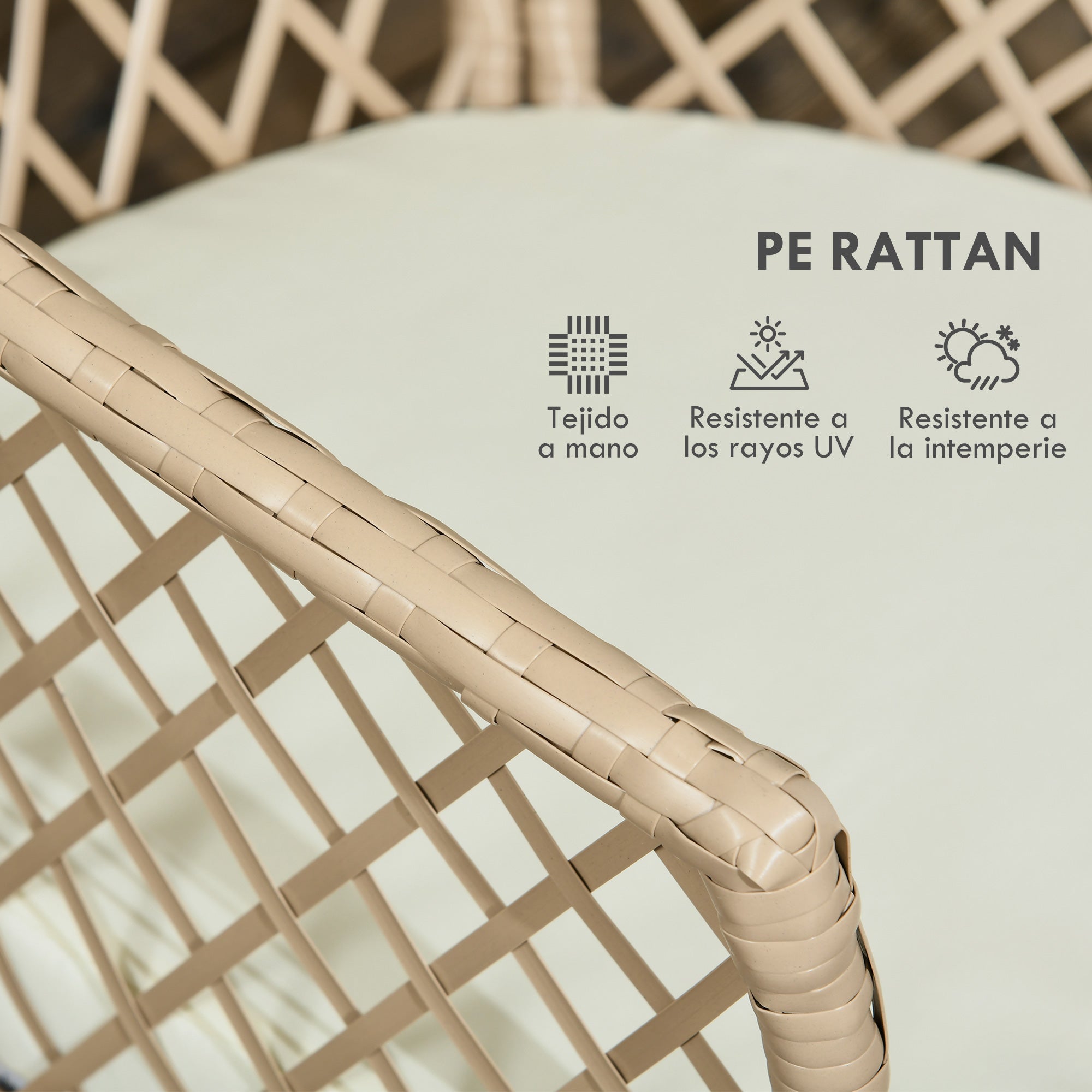 3-Piece Patio Furniture Set Garden Table and 2 Chairs Rattan Furniture Set with Removable Cushions for Outdoor Terrace Lawn Balcony Khaki