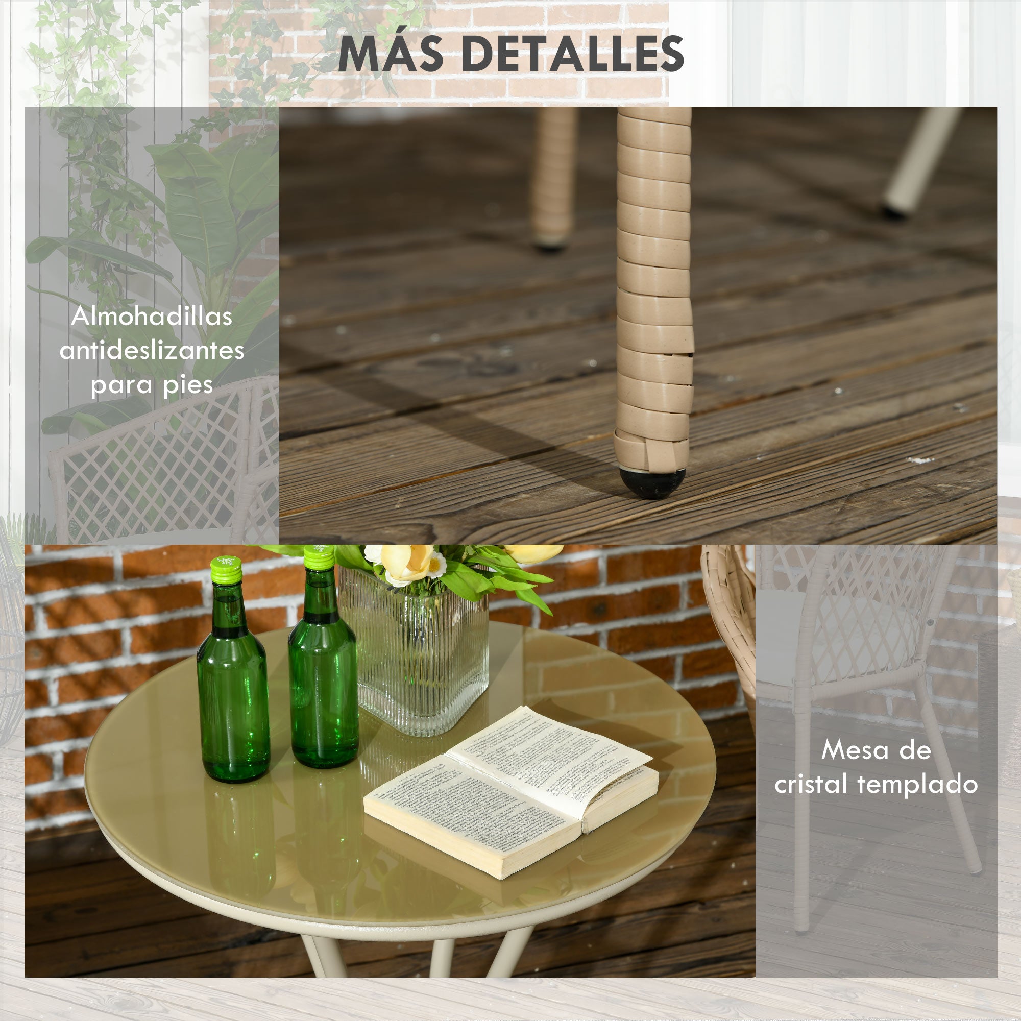 3-Piece Patio Furniture Set Garden Table and 2 Chairs Rattan Furniture Set with Removable Cushions for Outdoor Terrace Lawn Balcony Khaki
