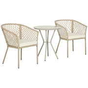 3-Piece Patio Furniture Set Garden Table and 2 Chairs Rattan Furniture Set with Removable Cushions for Outdoor Terrace Lawn Balcony Khaki