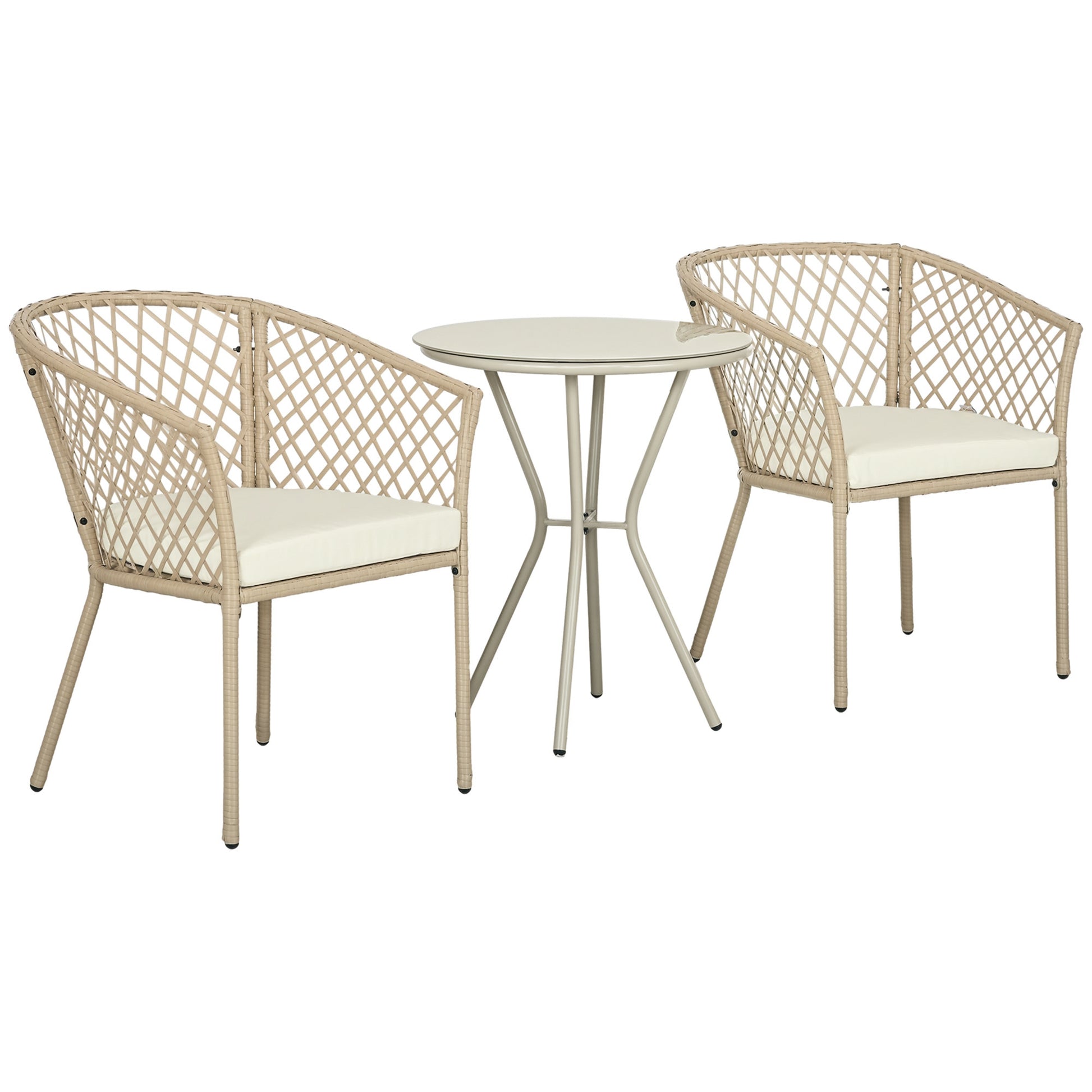 3-Piece Patio Furniture Set Garden Table and 2 Chairs Rattan Furniture Set with Removable Cushions for Outdoor Terrace Lawn Balcony Khaki