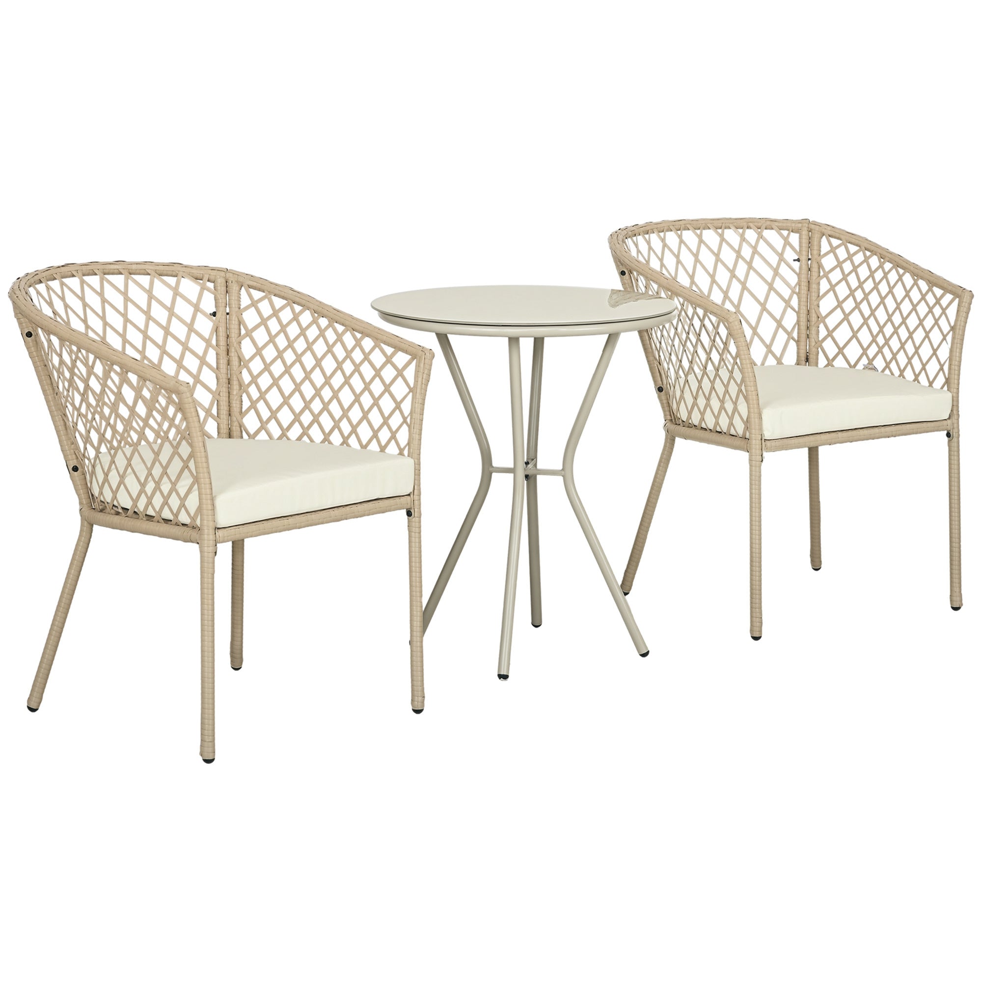3-Piece Patio Furniture Set Garden Table and 2 Chairs Rattan Furniture Set with Removable Cushions for Outdoor Terrace Lawn Balcony Khaki