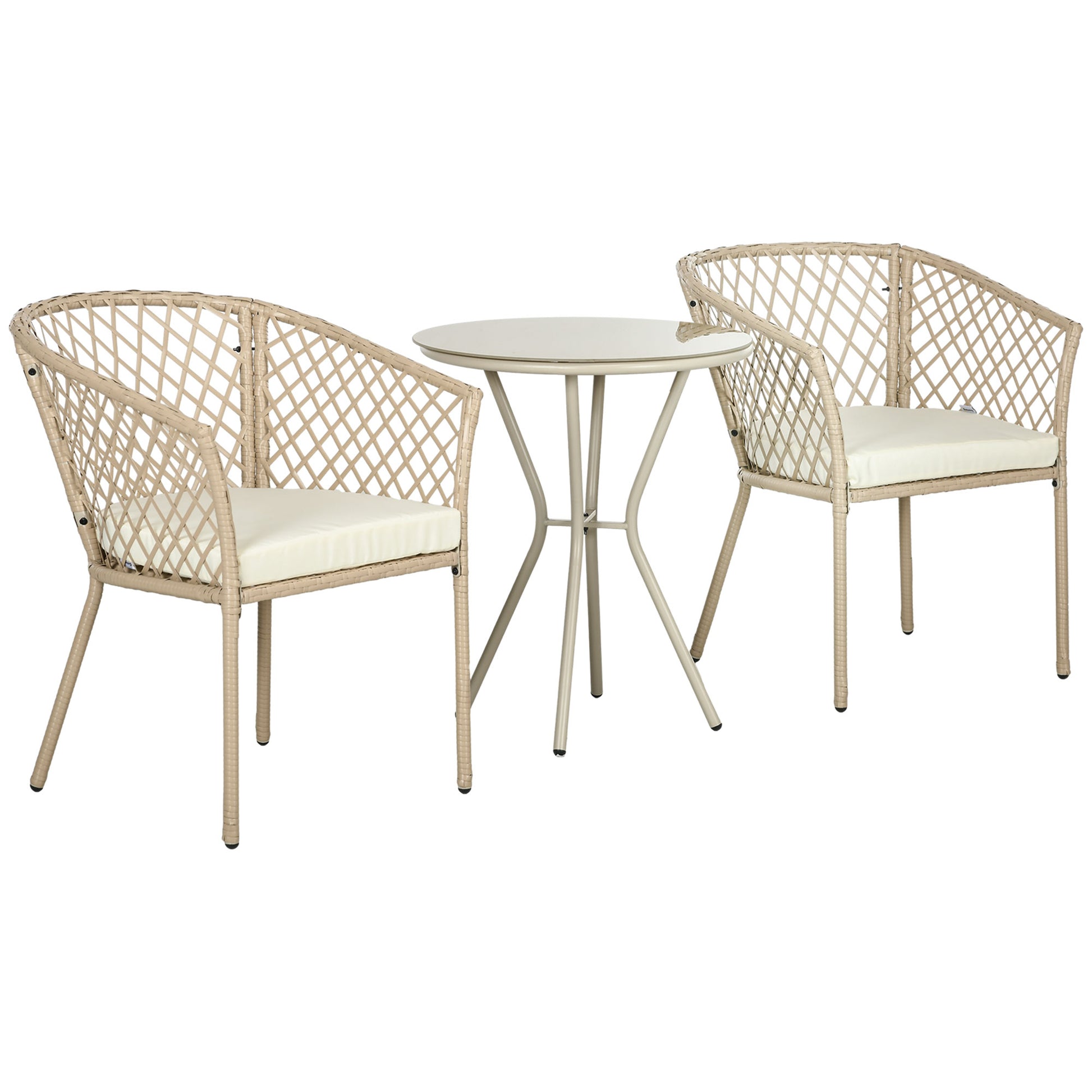 3-Piece Patio Furniture Set Garden Table and 2 Chairs Rattan Furniture Set with Removable Cushions for Outdoor Terrace Lawn Balcony Khaki
