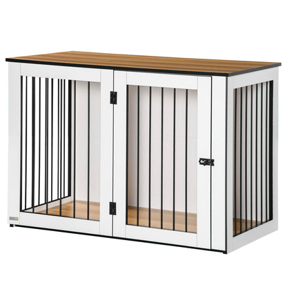 Dog Crate Furniture with Doors Window Modern Steel Home Indoor Dog Cage for Large Dogs up to 30 kg Dog House 106 x 60 x 76 cm, Oak+White
