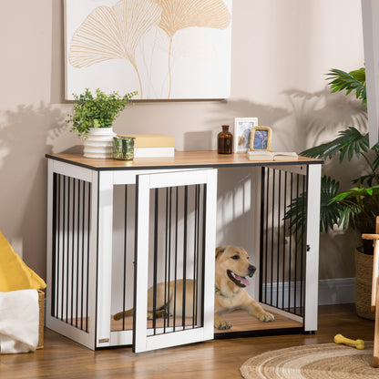 Dog Crate Furniture with Doors Window Modern Steel Home Indoor Dog Cage for Large Dogs up to 30 kg Dog House 106 x 60 x 76 cm, Oak+White