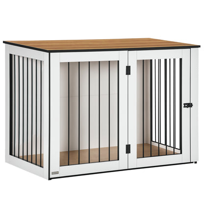 Dog Crate Furniture with Doors Window Modern Steel Home Indoor Dog Cage for Large Dogs up to 30 kg Dog House 106 x 60 x 76 cm, Oak+White