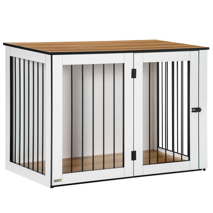 Dog Crate Furniture with Doors Window Modern Steel Home Indoor Dog Cage for Large Dogs up to 30 kg Dog House 106 x 60 x 76 cm, Oak+White