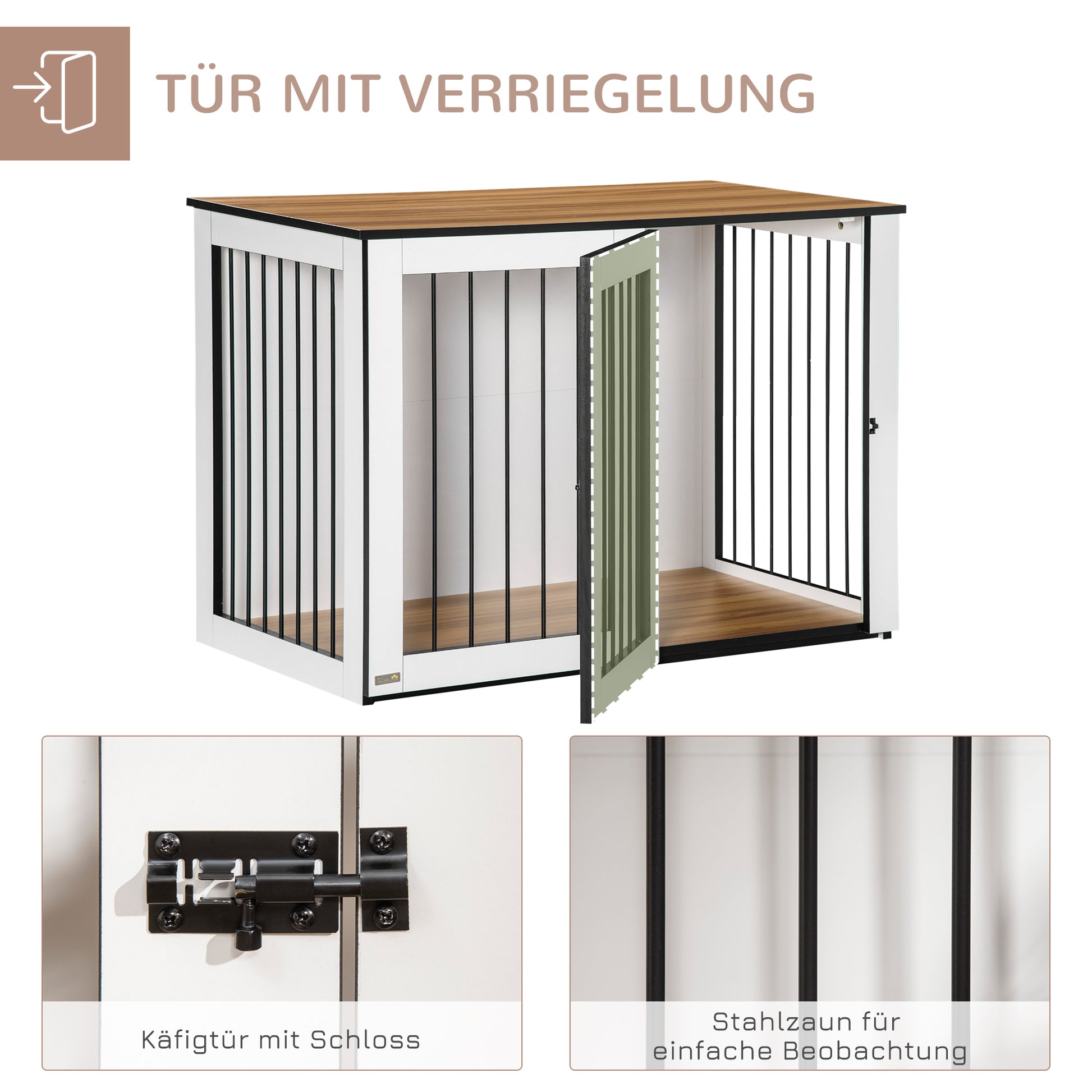 Dog Crate Furniture with Doors Window Modern Steel Home Indoor Dog Cage for Large Dogs up to 30 kg Dog House 106 x 60 x 76 cm, Oak+White