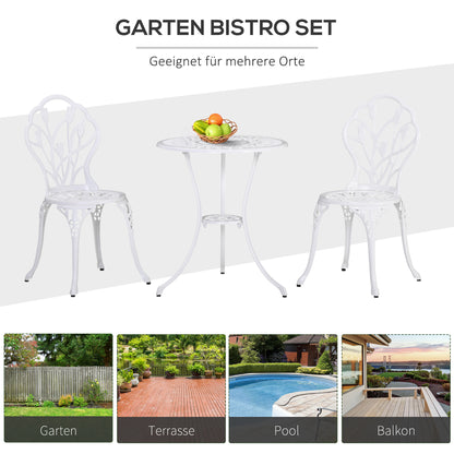 3-Piece Bistro Set made of Aluminum Garden Furniture Set with Carved Design Seating Group with Garden Chairs Bistro Table Umbrella Hole Outdoor Balcony Furniture Set Balcony Set Garden Set White