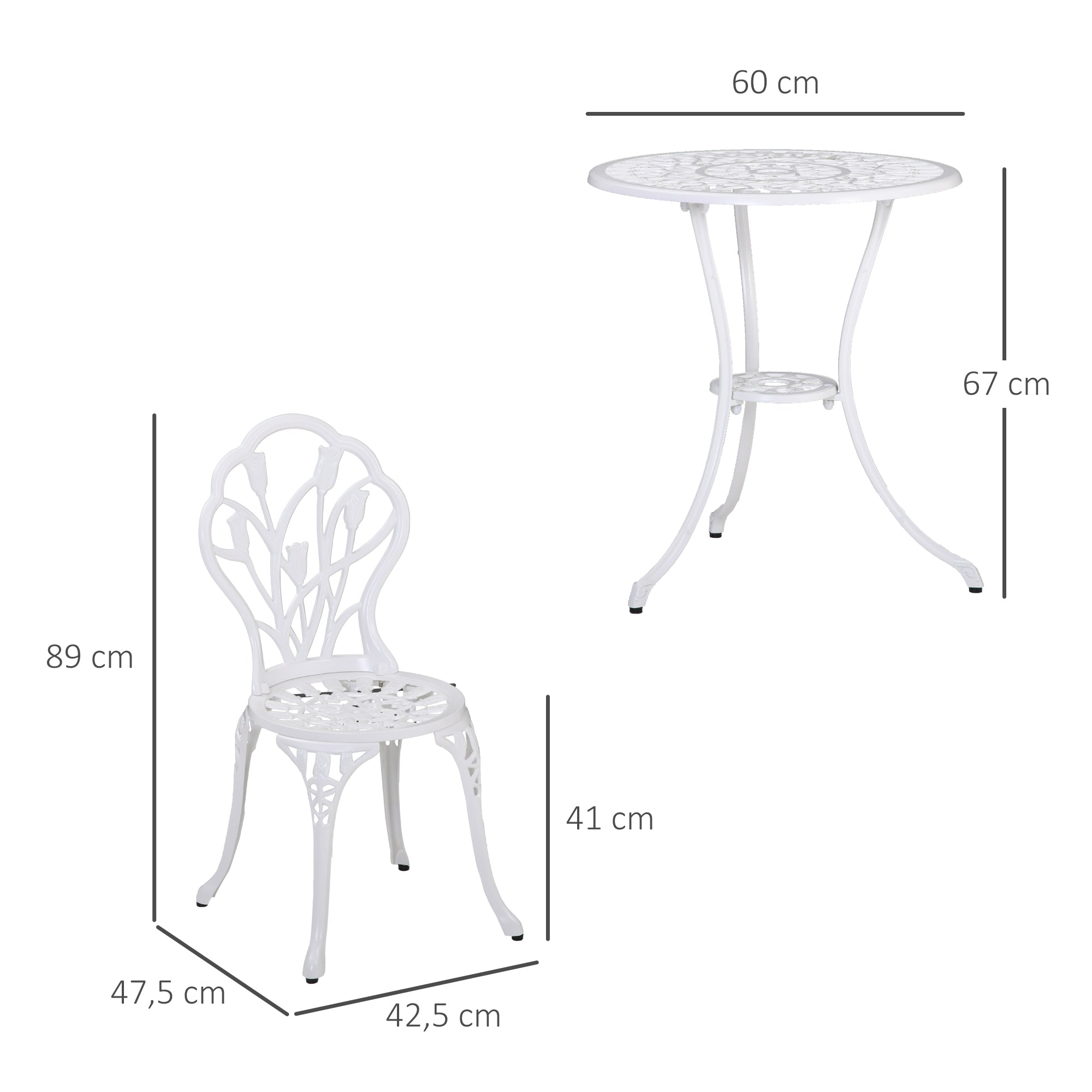 3-Piece Bistro Set made of Aluminum Garden Furniture Set with Carved Design Seating Group with Garden Chairs Bistro Table Umbrella Hole Outdoor Balcony Furniture Set Balcony Set Garden Set White