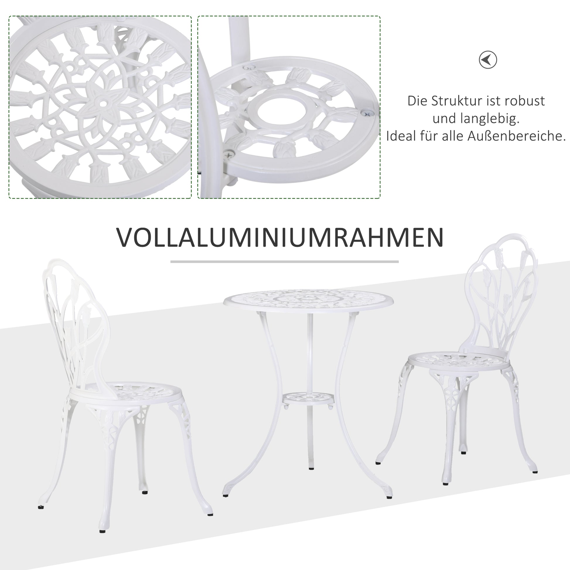 3-Piece Bistro Set made of Aluminum Garden Furniture Set with Carved Design Seating Group with Garden Chairs Bistro Table Umbrella Hole Outdoor Balcony Furniture Set Balcony Set Garden Set White