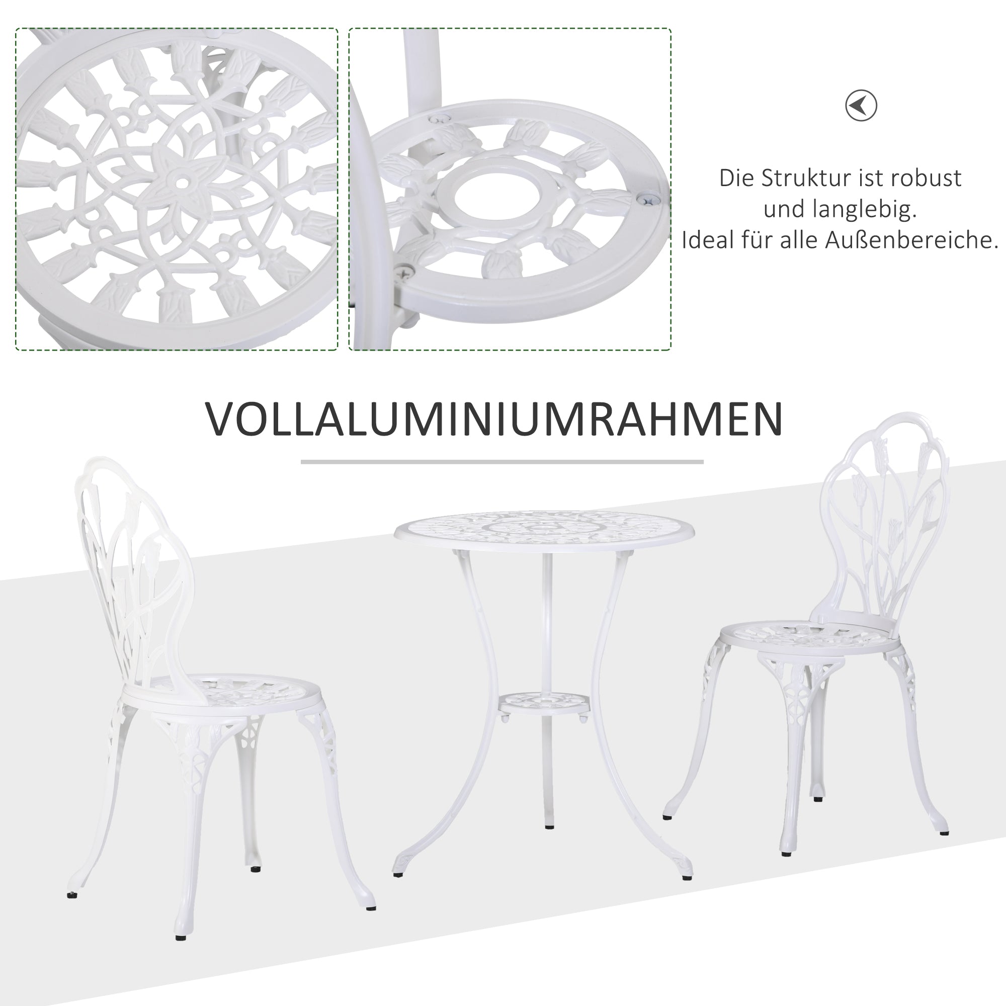 3-Piece Bistro Set made of Aluminum Garden Furniture Set with Carved Design Seating Group with Garden Chairs Bistro Table Umbrella Hole Outdoor Balcony Furniture Set Balcony Set Garden Set White