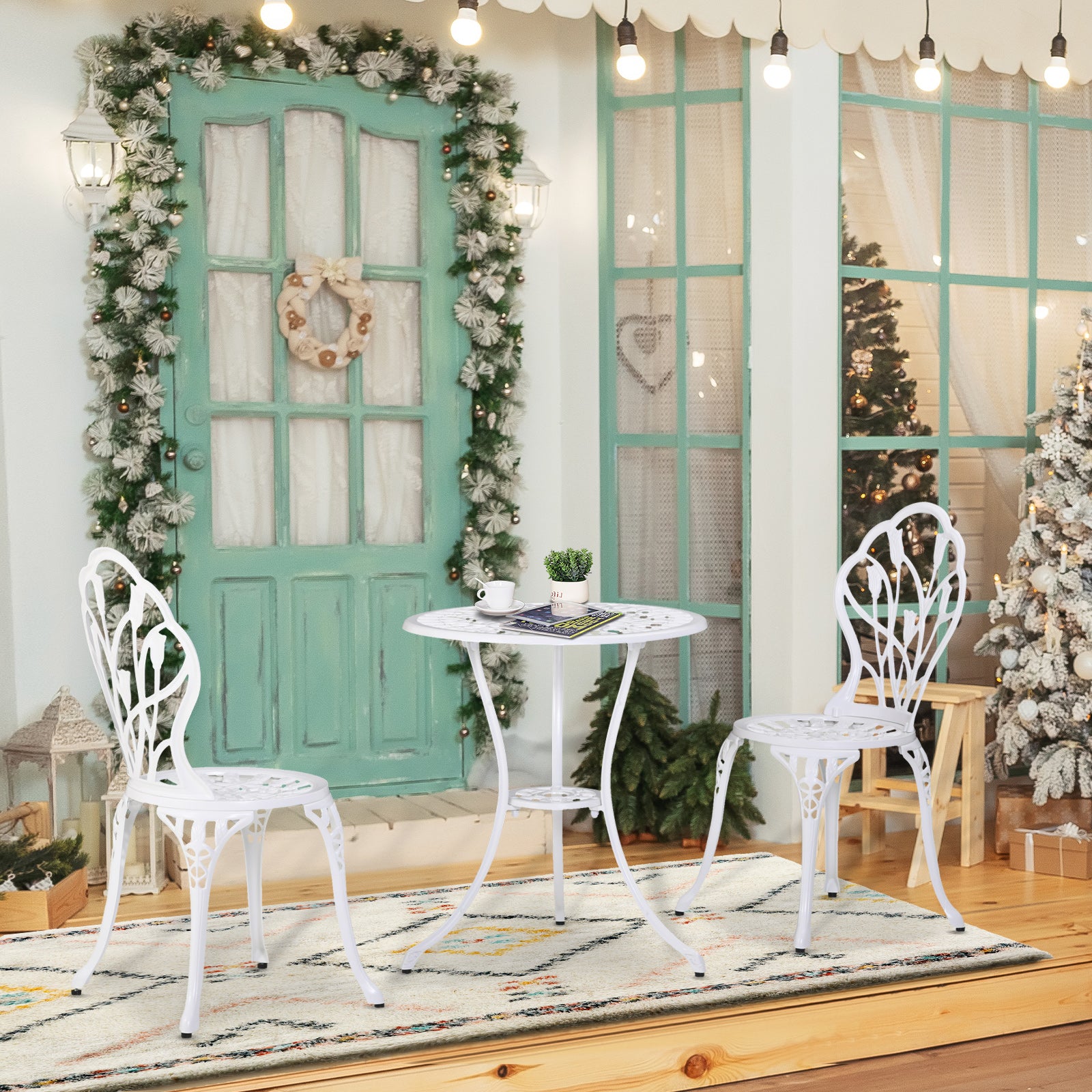 3-Piece Bistro Set made of Aluminum Garden Furniture Set with Carved Design Seating Group with Garden Chairs Bistro Table Umbrella Hole Outdoor Balcony Furniture Set Balcony Set Garden Set White