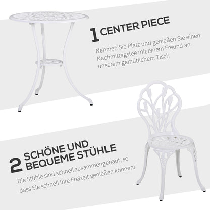 3-Piece Bistro Set made of Aluminum Garden Furniture Set with Carved Design Seating Group with Garden Chairs Bistro Table Umbrella Hole Outdoor Balcony Furniture Set Balcony Set Garden Set White