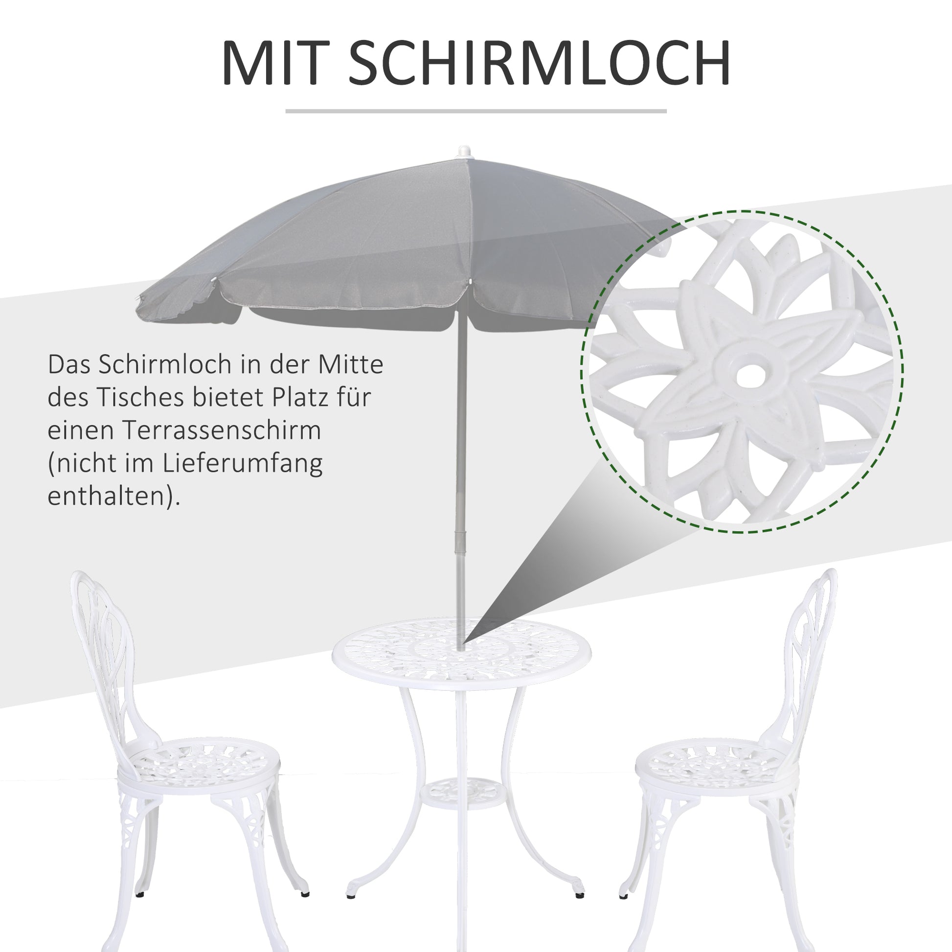 3-Piece Bistro Set made of Aluminum Garden Furniture Set with Carved Design Seating Group with Garden Chairs Bistro Table Umbrella Hole Outdoor Balcony Furniture Set Balcony Set Garden Set White