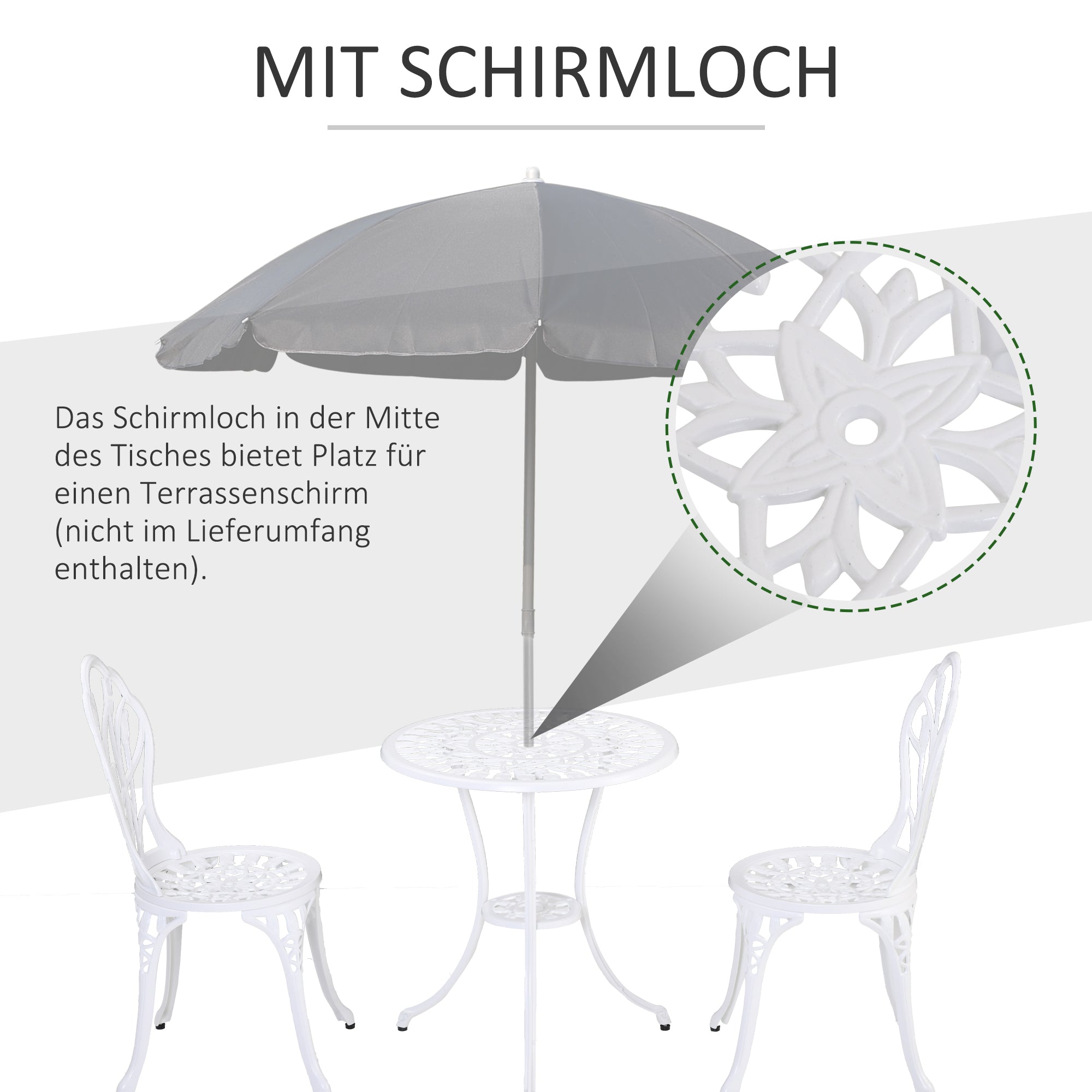 3-Piece Bistro Set made of Aluminum Garden Furniture Set with Carved Design Seating Group with Garden Chairs Bistro Table Umbrella Hole Outdoor Balcony Furniture Set Balcony Set Garden Set White