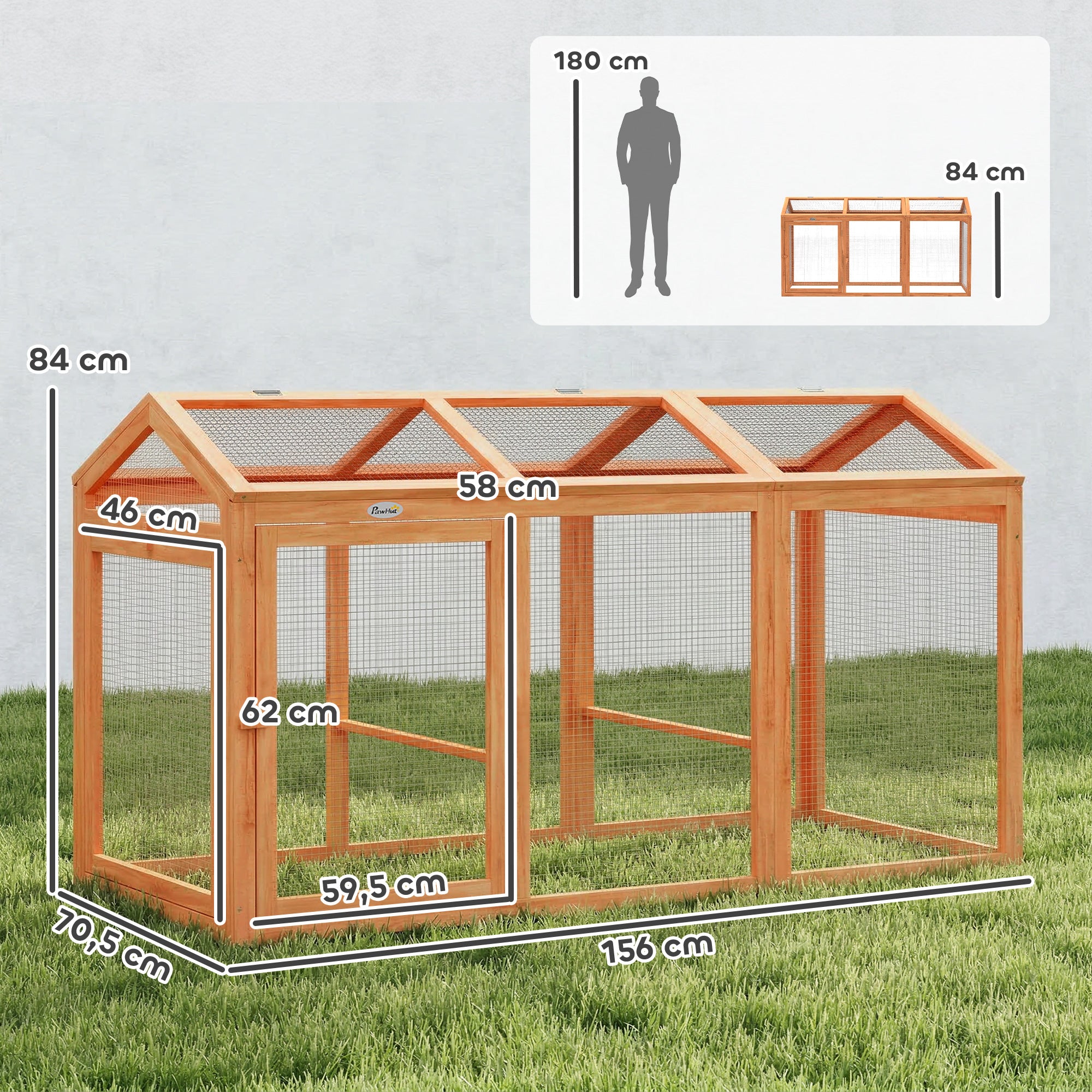 Chicken Coop 156 x 70.5 x 84 cm Run with Roost, Double Doors, Wood & Metal Enclosure, Outdoor Run for 4 Chickens, Orange