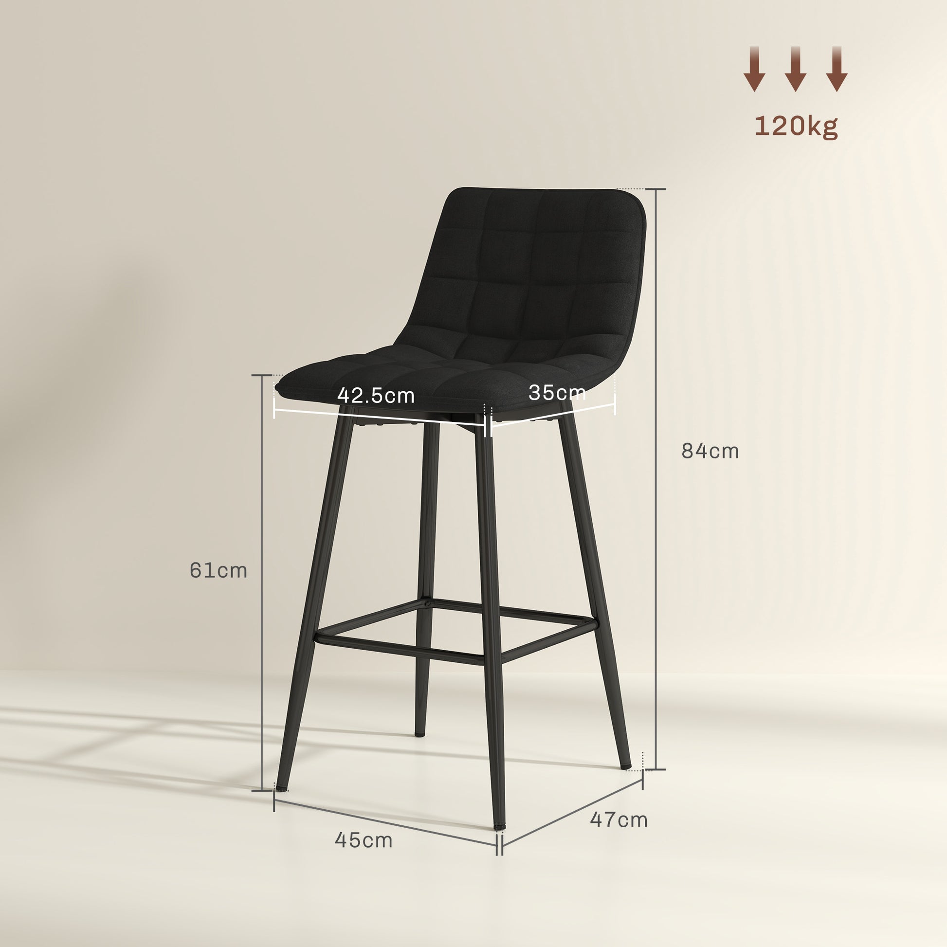 Set of 2 Nordic Style High Stools with Backrest and Footrest, Velvet Effect Fabric and Metal Stools, 45x47x84 cm, Black