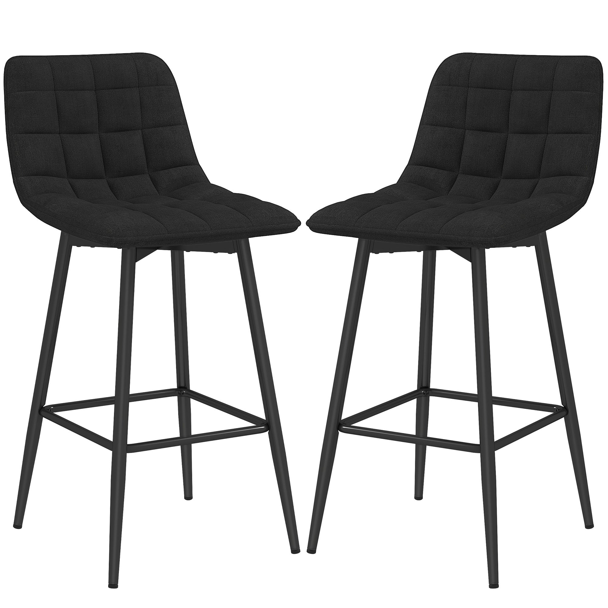 Set of 2 Nordic Style High Stools with Backrest and Footrest, Velvet Effect Fabric and Metal Stools, 45x47x84 cm, Black