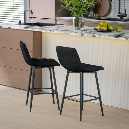 Set of 2 Nordic Style High Stools with Backrest and Footrest, Velvet Effect Fabric and Metal Stools, 45x47x84 cm, Black