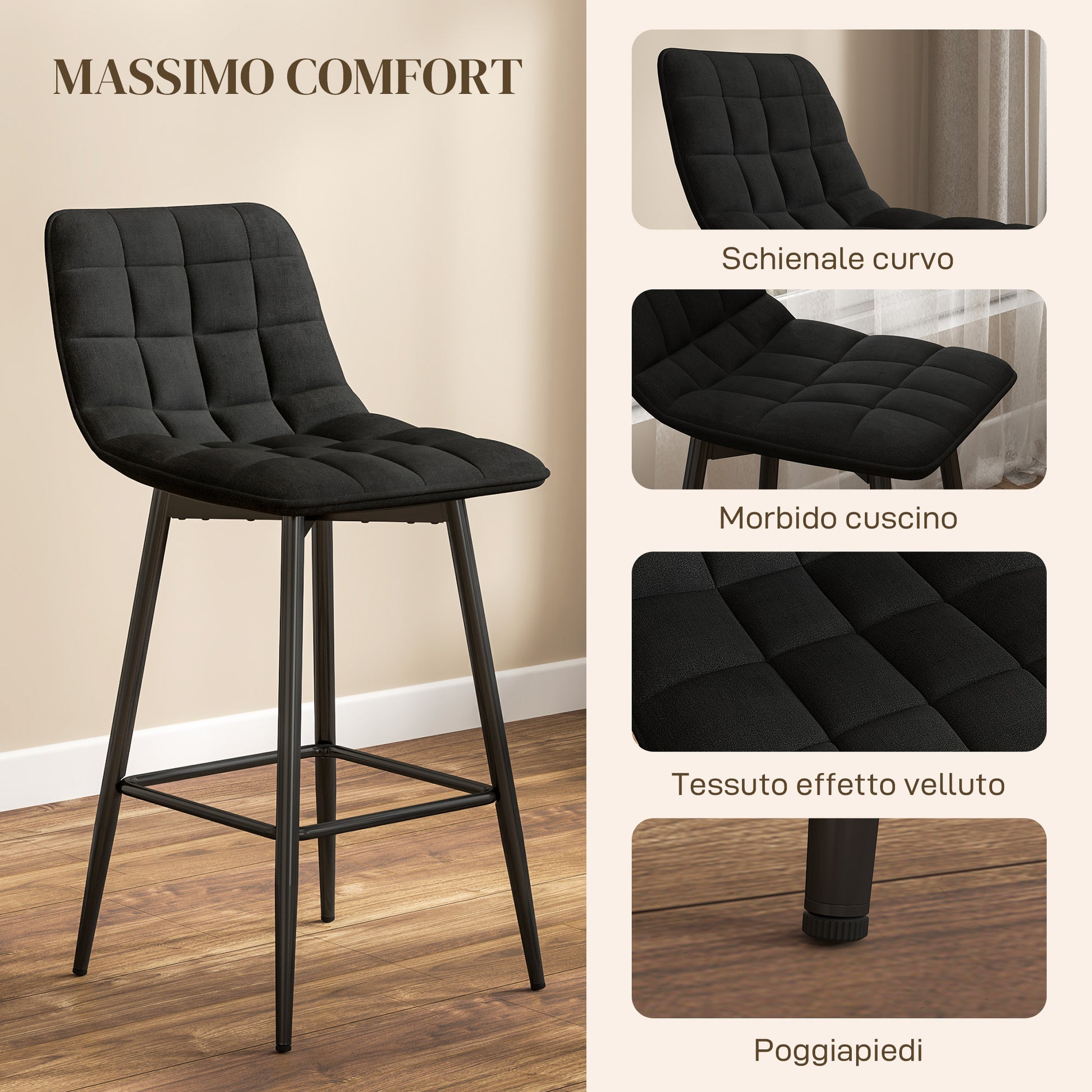 Set of 2 Nordic Style High Stools with Backrest and Footrest, Velvet Effect Fabric and Metal Stools, 45x47x84 cm, Black