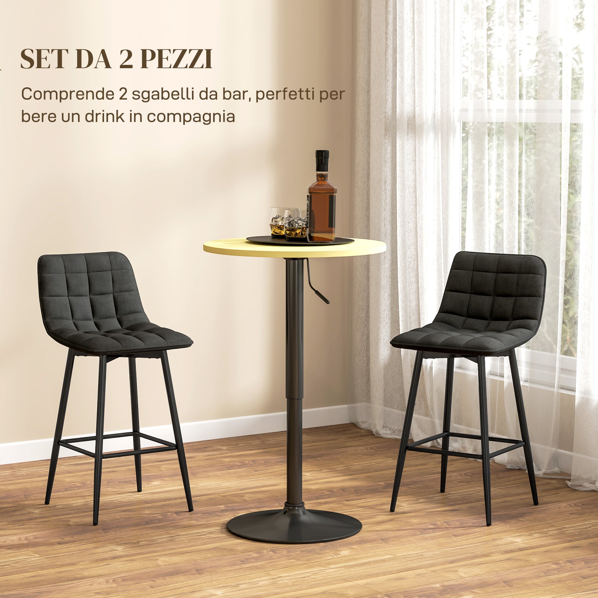 Set of 2 Nordic Style High Stools with Backrest and Footrest, Velvet Effect Fabric and Metal Stools, 45x47x84 cm, Black