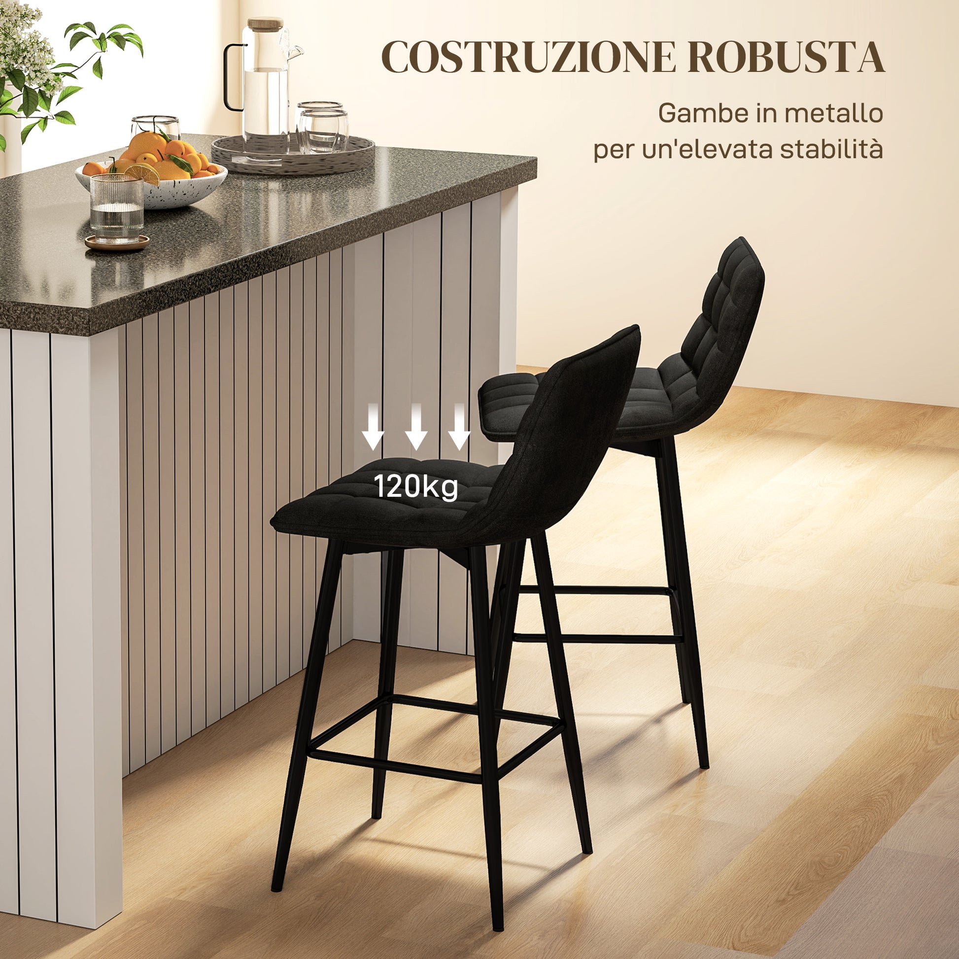 Set of 2 Nordic Style High Stools with Backrest and Footrest, Velvet Effect Fabric and Metal Stools, 45x47x84 cm, Black