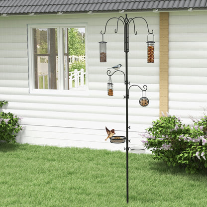 Bird Feeding Station Stand with 6 Hooks 4 Hanging Feeders for Peanuts Seeds Fat Balls Black