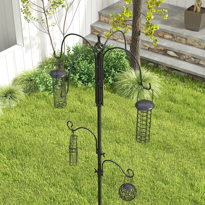 Bird Feeding Station Stand with 6 Hooks 4 Hanging Feeders for Peanuts Seeds Fat Balls Black