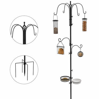 Bird Feeding Station Stand with 6 Hooks 4 Hanging Feeders for Peanuts Seeds Fat Balls Black