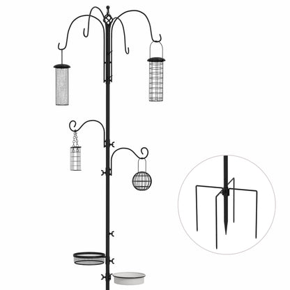 Bird Feeding Station Stand with 6 Hooks 4 Hanging Feeders for Peanuts Seeds Fat Balls Black