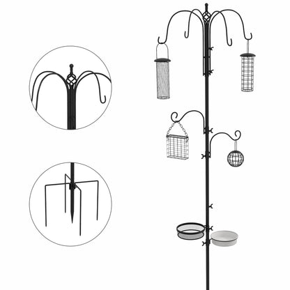 Bird Feeding Station Stand with 6 Hooks 4 Hanging Feeders for Peanuts Seeds Fat Balls Black